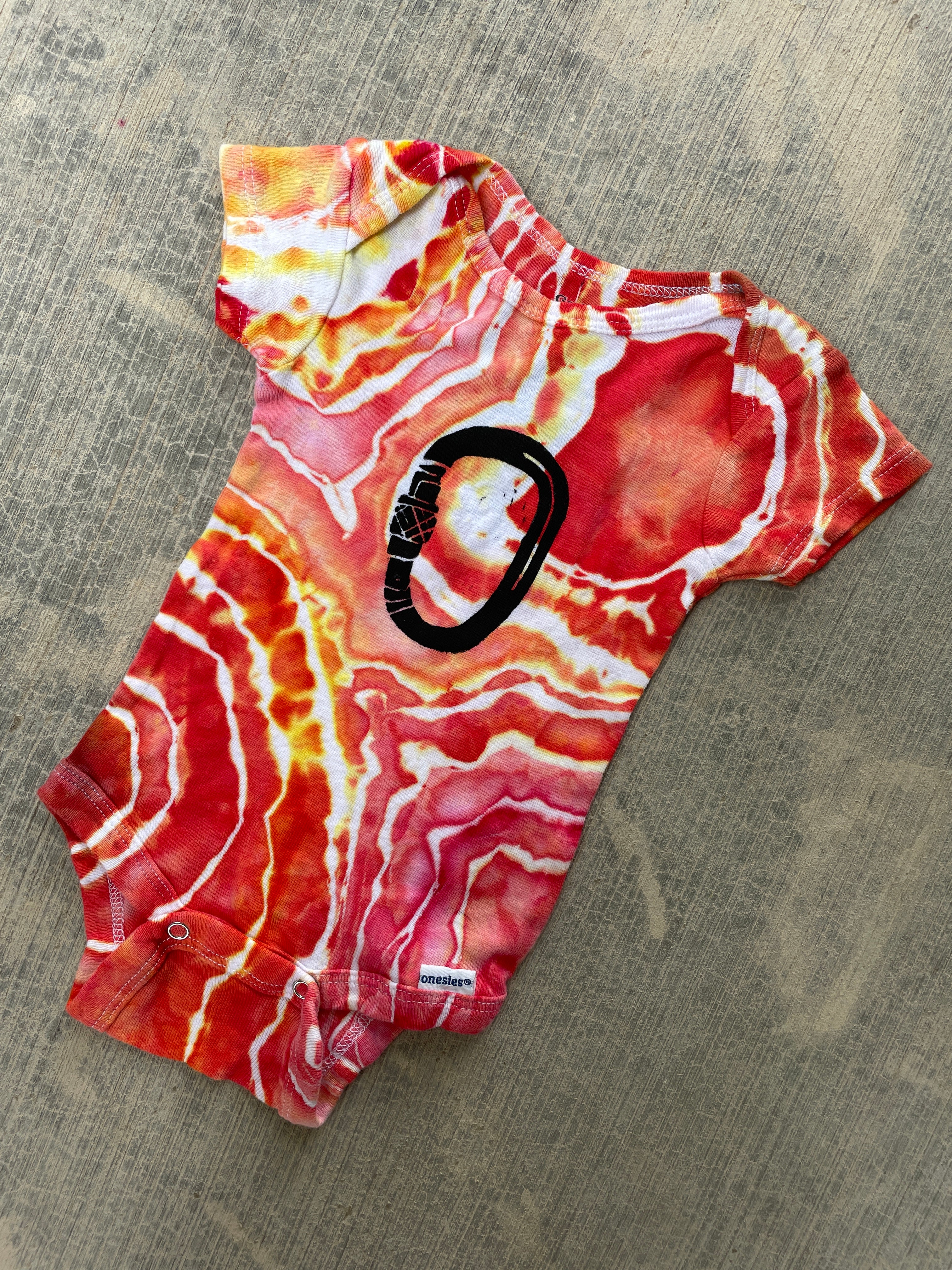 0-3 MO Climbing Carabiner Red, Pink, Orange, and Yellow Geode Short Sleeve Tie Dye Baby Onesie