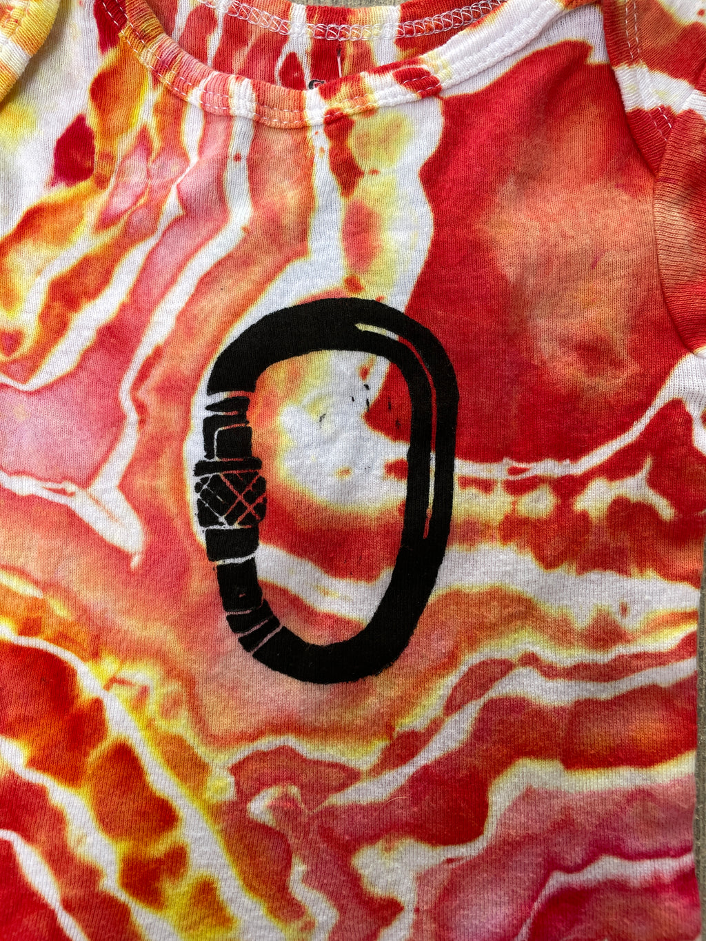 0-3 MO Climbing Carabiner Red, Pink, Orange, and Yellow Geode Short Sleeve Tie Dye Baby Onesie