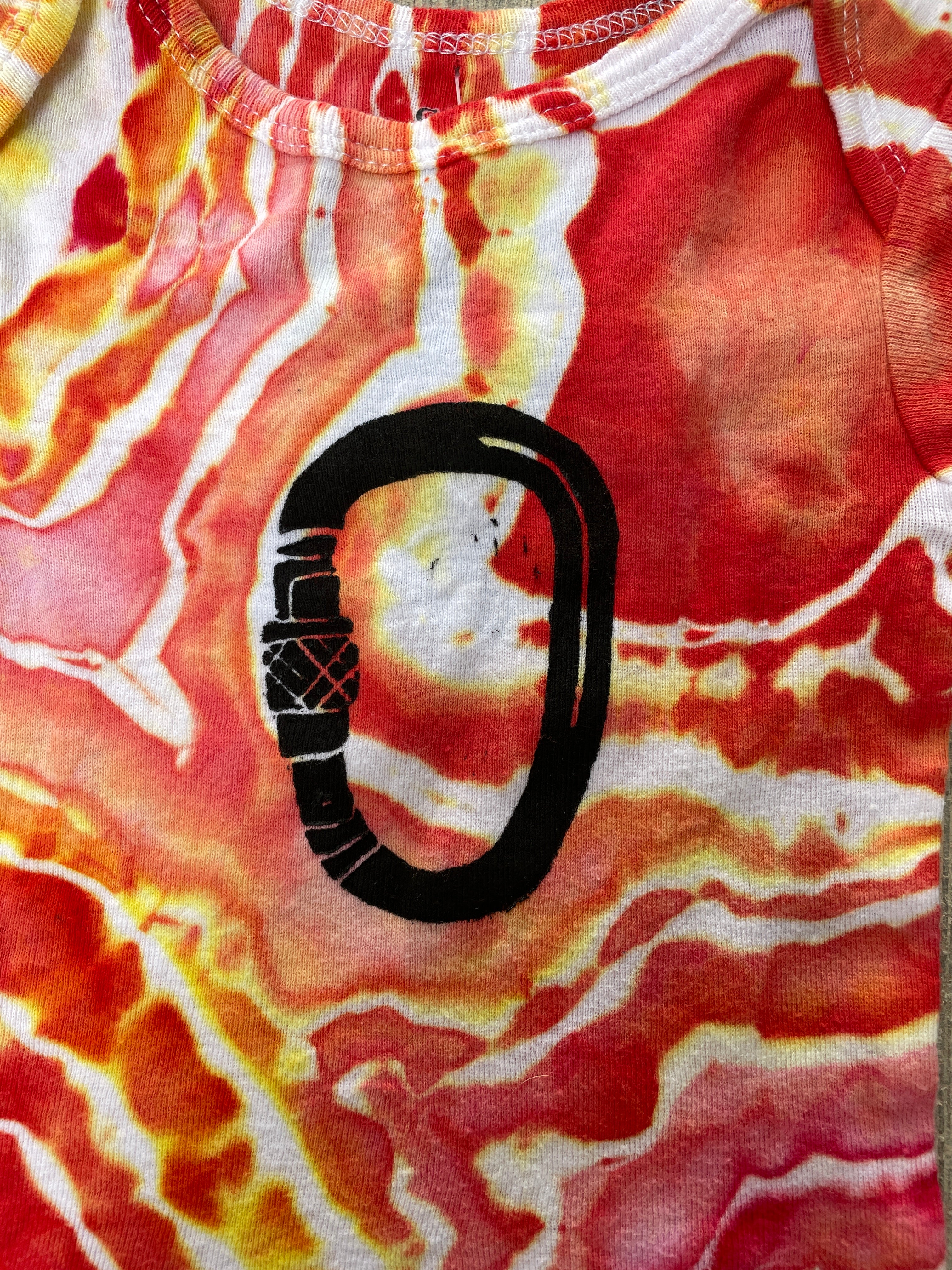 0-3 MO Climbing Carabiner Red, Pink, Orange, and Yellow Geode Short Sleeve Tie Dye Baby Onesie