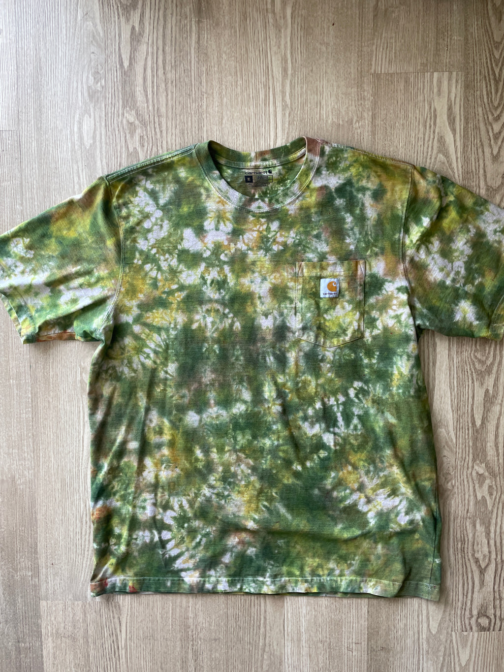 XL Men’s Carhartt Handmade Tie Dye T-Shirt with Breast Pocket | One-Of-a-Kind Green, Yellow, and Gray Short Sleeve
