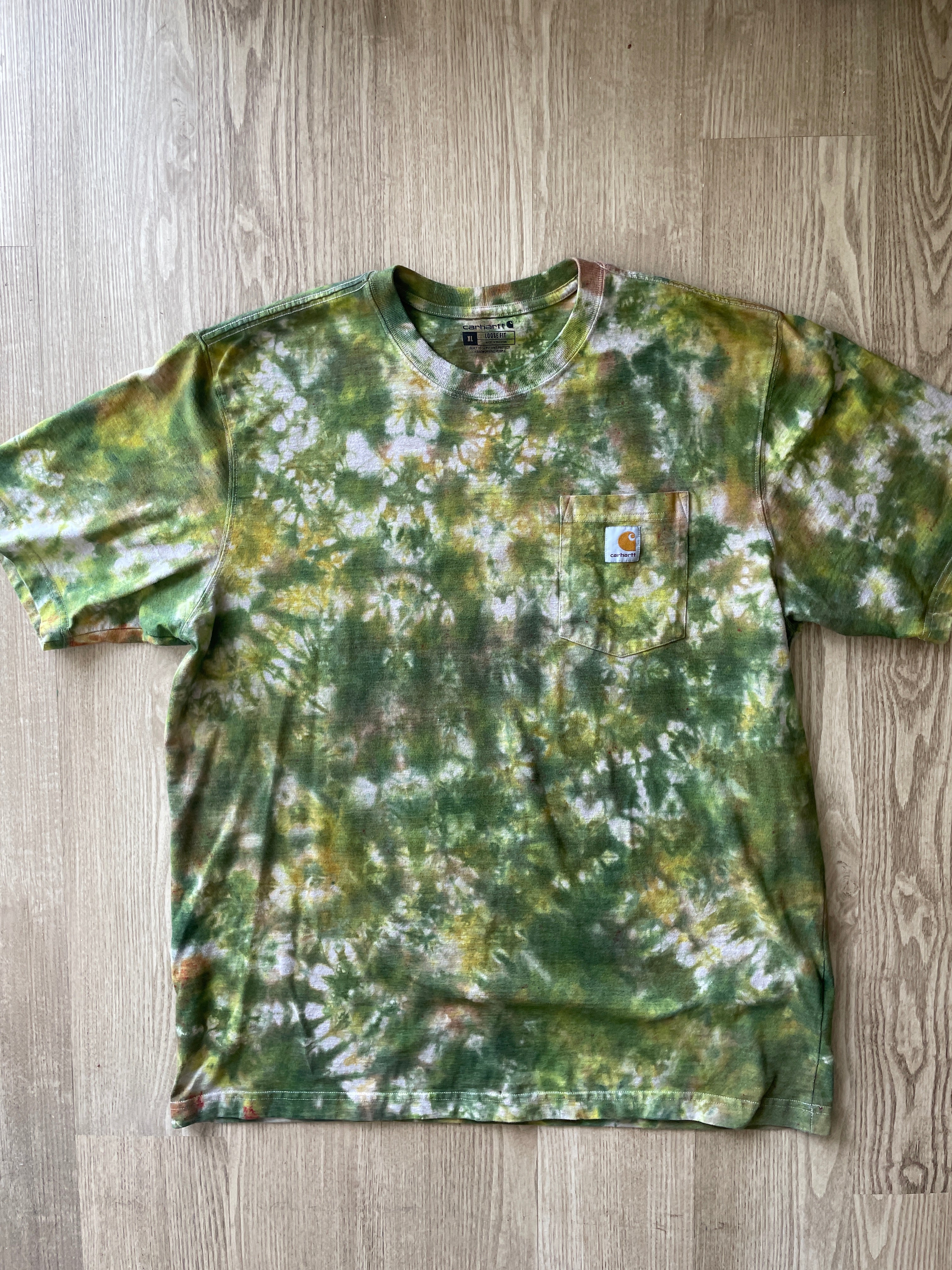 XL Men’s Carhartt Handmade Tie Dye T-Shirt with Breast Pocket | One-Of-a-Kind Green, Yellow, and Gray Short Sleeve