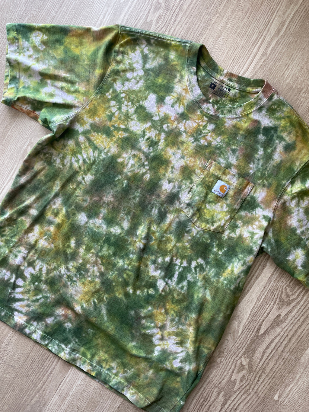 XL Men’s Carhartt Handmade Tie Dye T-Shirt with Breast Pocket | One-Of-a-Kind Green, Yellow, and Gray Short Sleeve