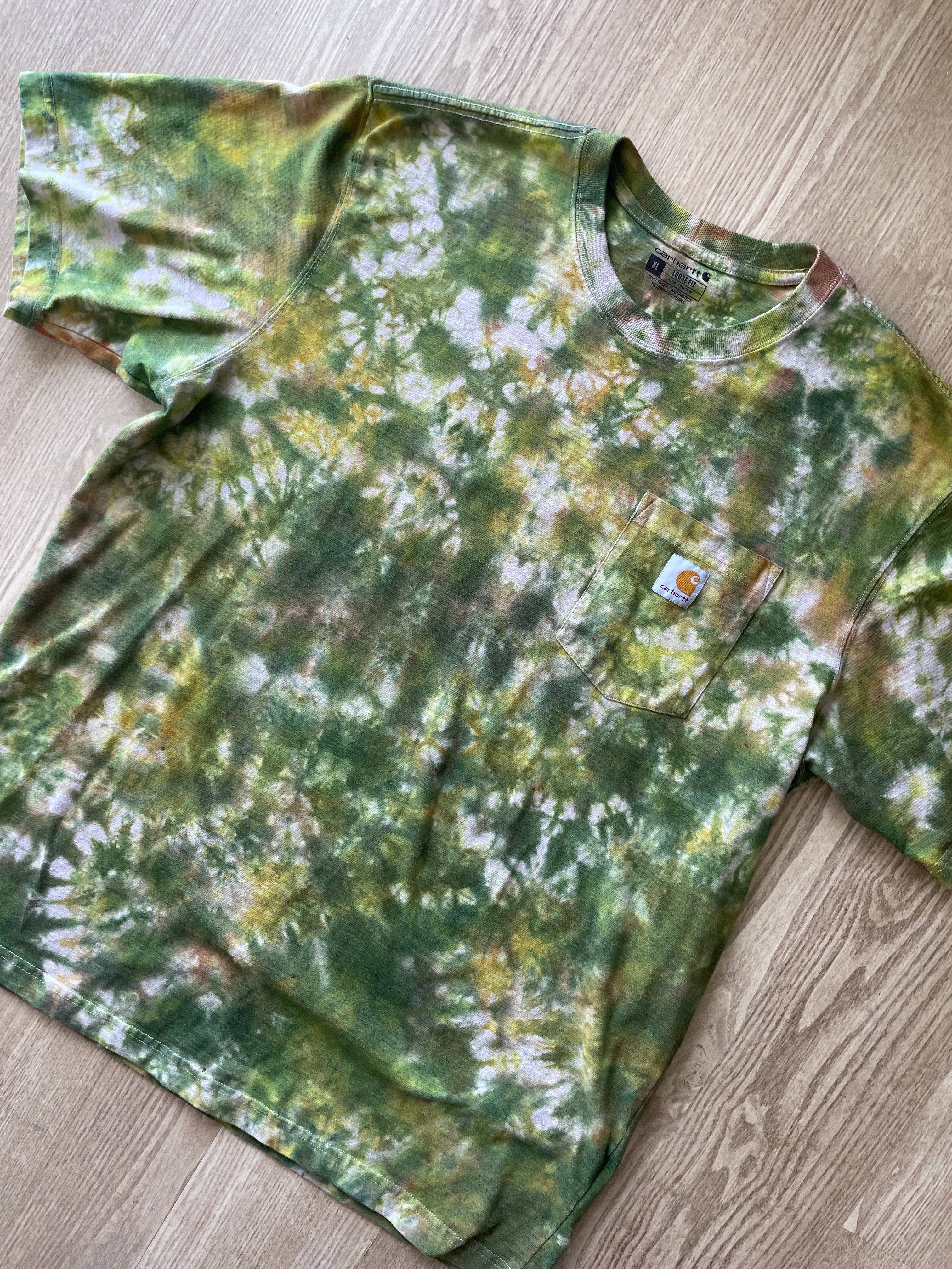 XL Men’s Carhartt Handmade Tie Dye T-Shirt with Breast Pocket | One-Of-a-Kind Green, Yellow, and Gray Short Sleeve