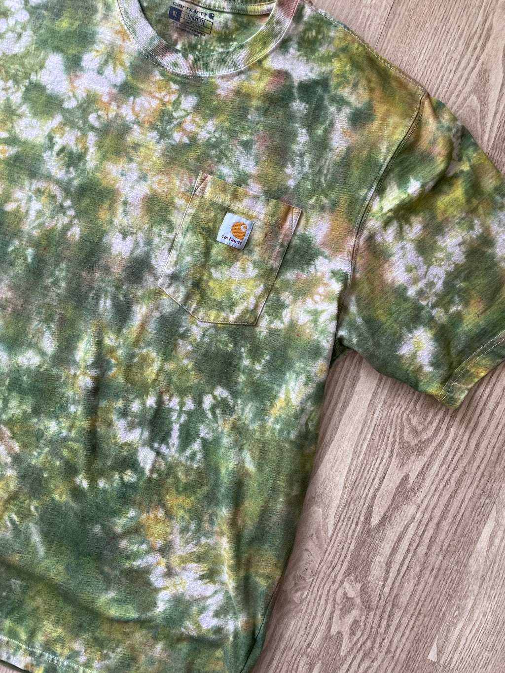 XL Men’s Carhartt Handmade Tie Dye T-Shirt with Breast Pocket | One-Of-a-Kind Green, Yellow, and Gray Short Sleeve