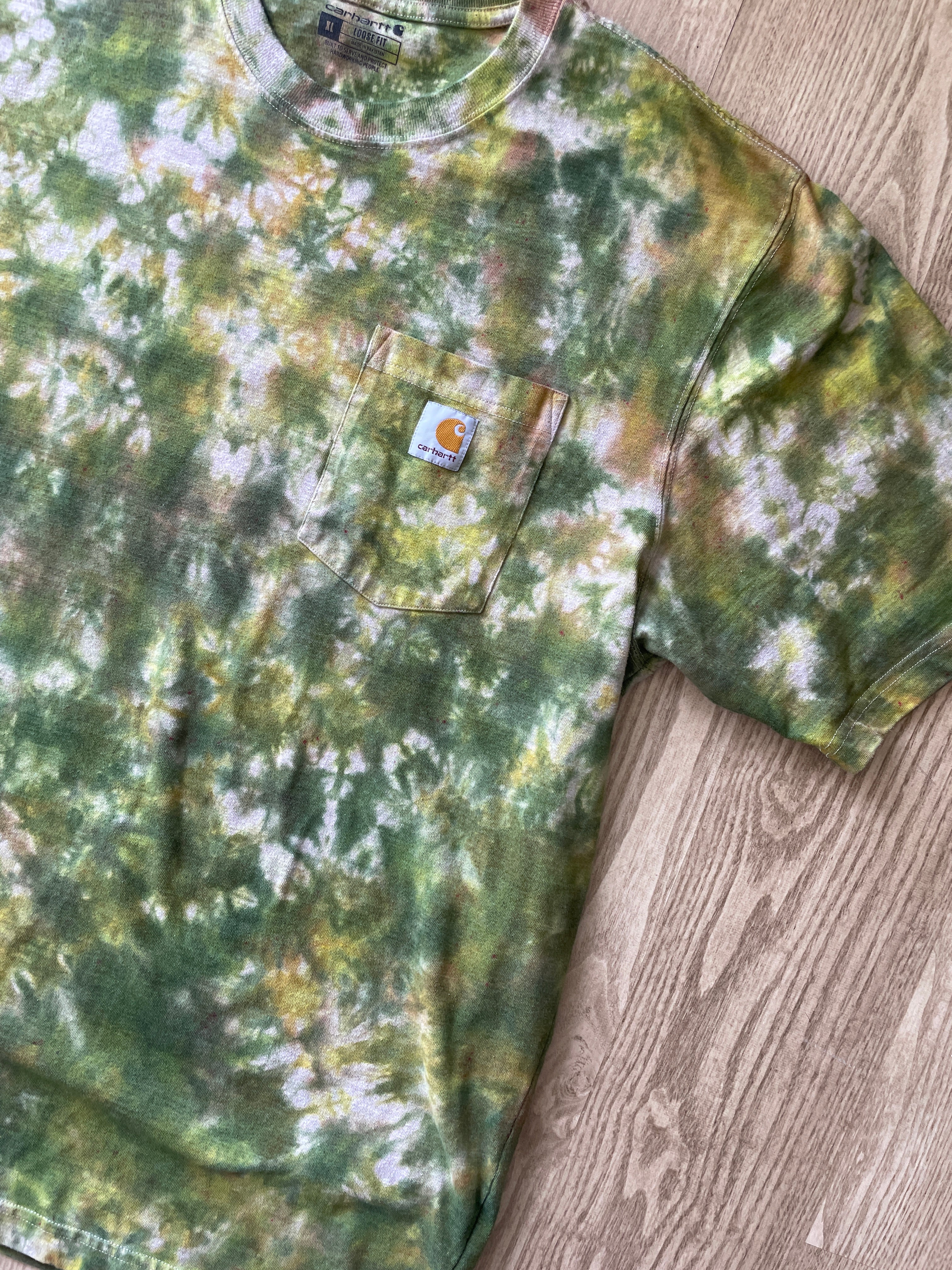 XL Men’s Carhartt Handmade Tie Dye T-Shirt with Breast Pocket | One-Of-a-Kind Green, Yellow, and Gray Short Sleeve