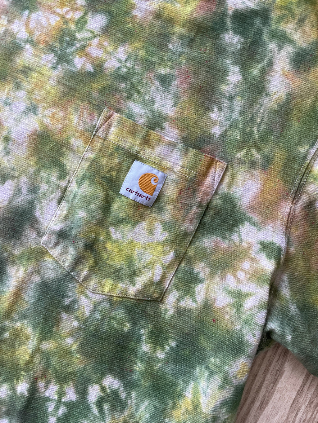 XL Men’s Carhartt Handmade Tie Dye T-Shirt with Breast Pocket | One-Of-a-Kind Green, Yellow, and Gray Short Sleeve