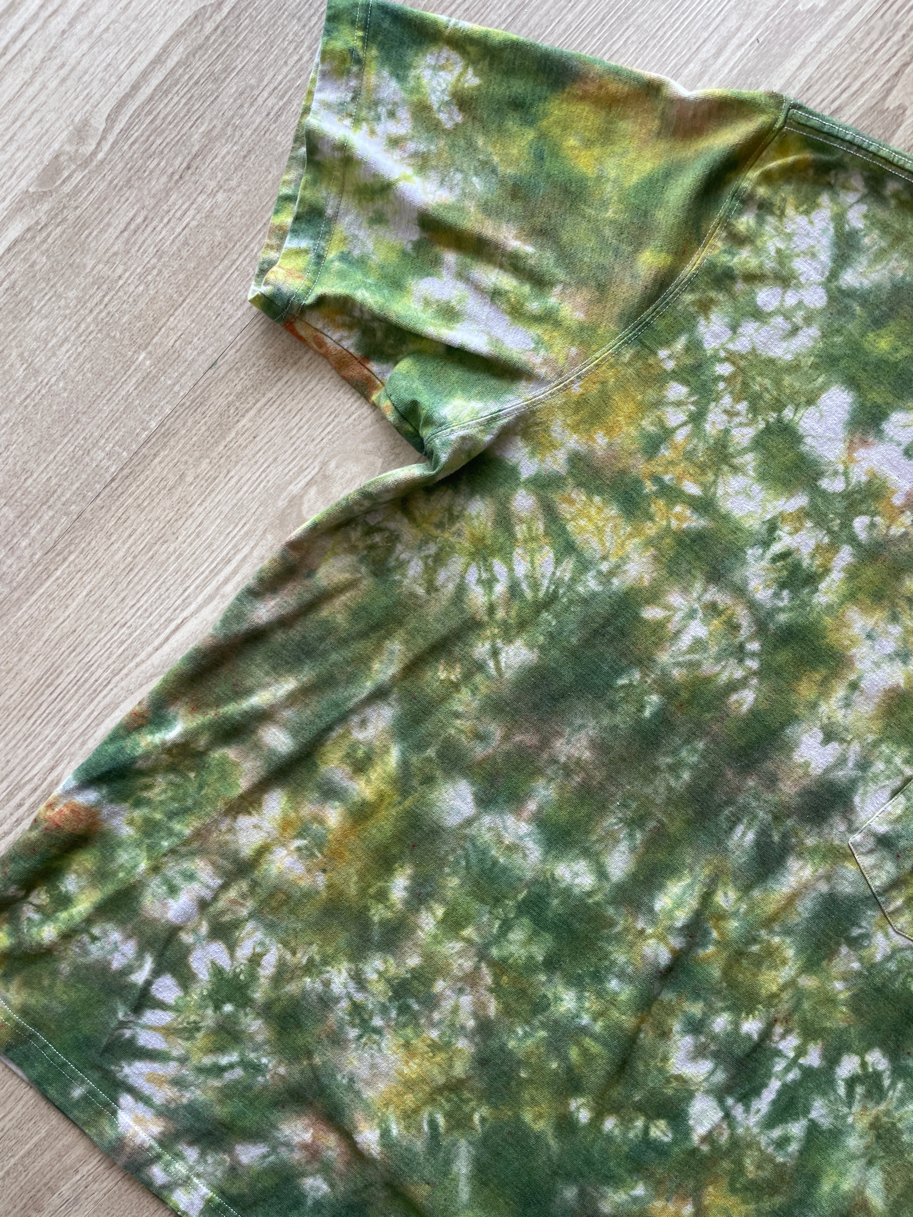 XL Men’s Carhartt Handmade Tie Dye T-Shirt with Breast Pocket | One-Of-a-Kind Green, Yellow, and Gray Short Sleeve