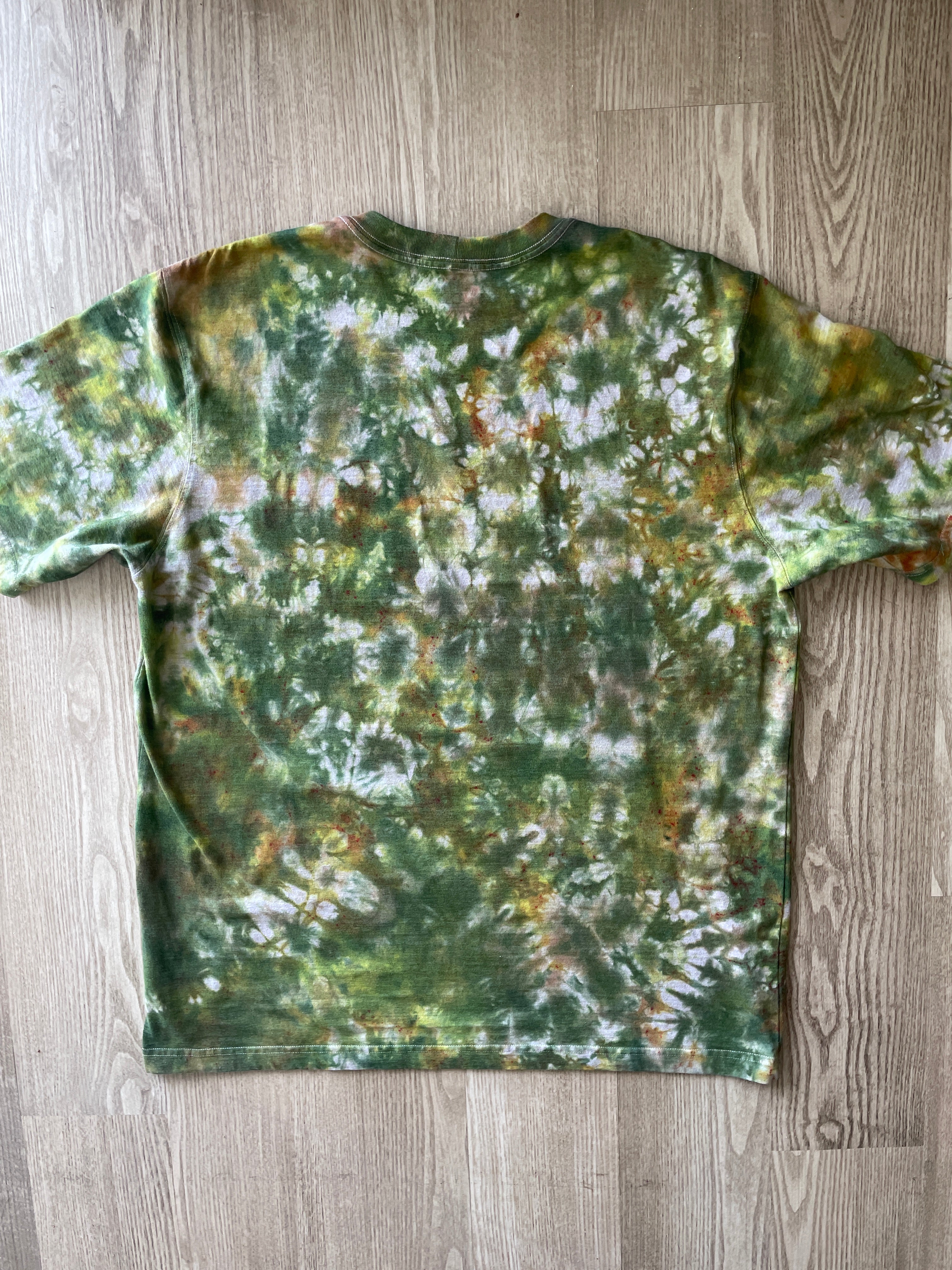 XL Men’s Carhartt Handmade Tie Dye T-Shirt with Breast Pocket | One-Of-a-Kind Green, Yellow, and Gray Short Sleeve