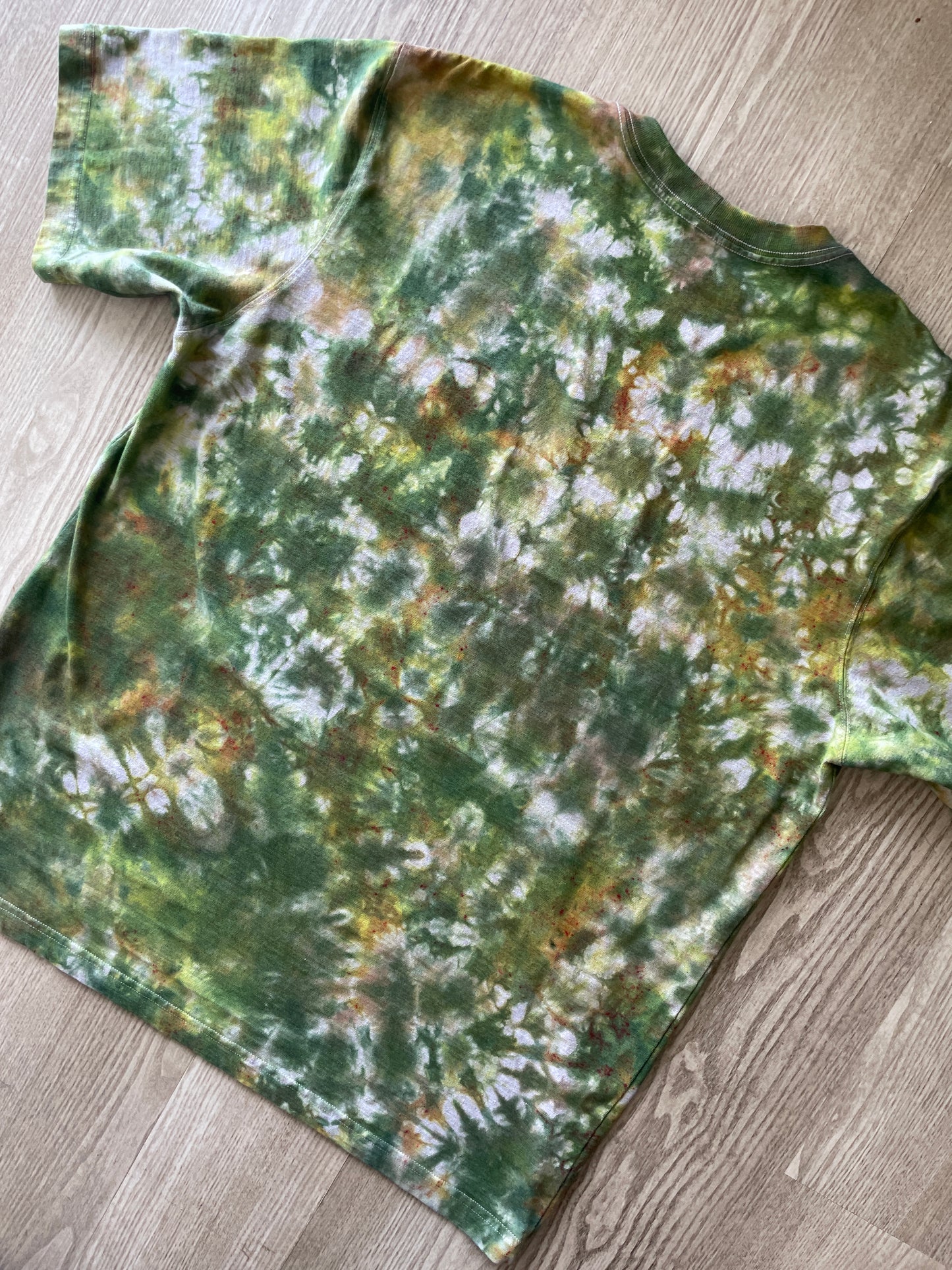 XL Men’s Carhartt Handmade Tie Dye T-Shirt with Breast Pocket | One-Of-a-Kind Green, Yellow, and Gray Short Sleeve