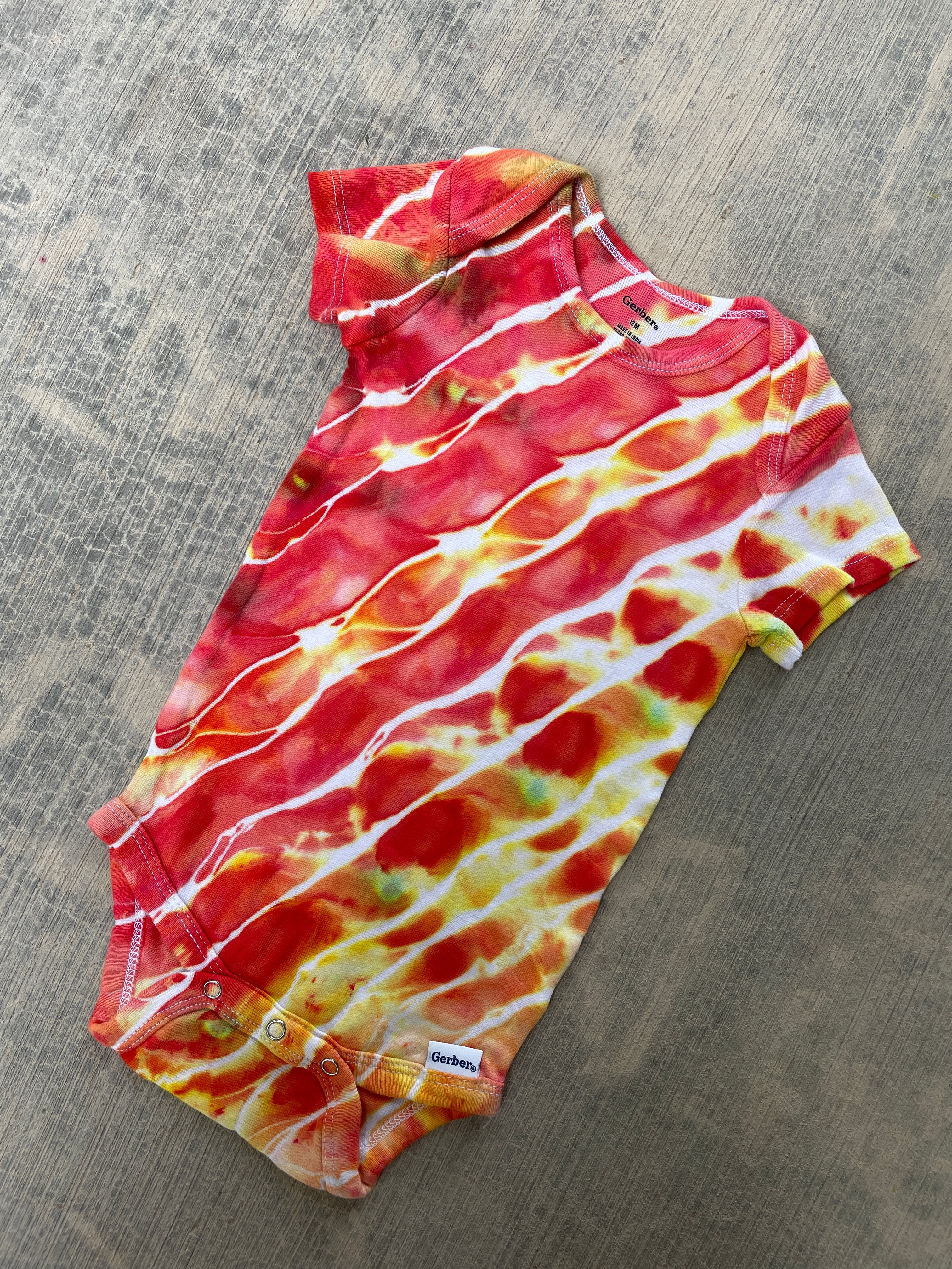 12 MO Red, Orange, and Yellow Geode Short Sleeve Tie Dye Baby Onesie