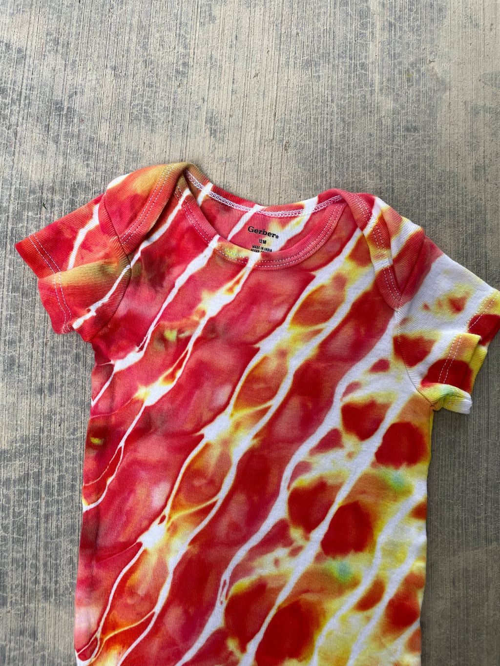 12 MO Red, Orange, and Yellow Geode Short Sleeve Tie Dye Baby Onesie