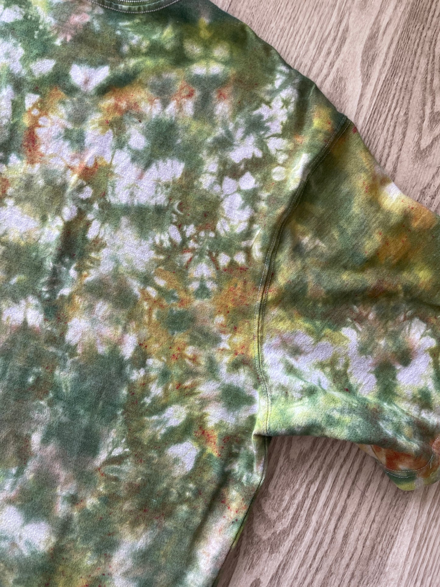 XL Men’s Carhartt Handmade Tie Dye T-Shirt with Breast Pocket | One-Of-a-Kind Green, Yellow, and Gray Short Sleeve