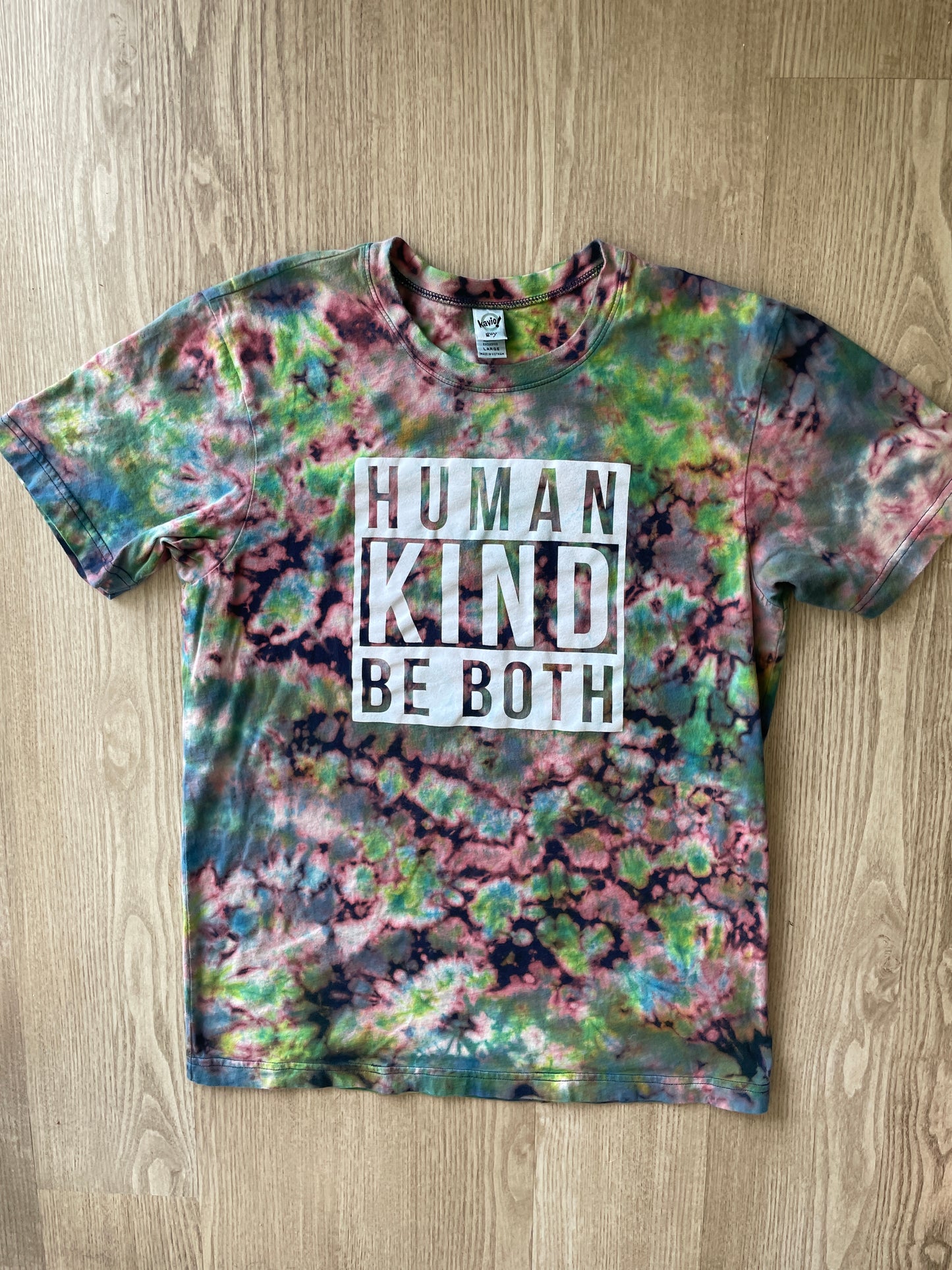 LARGE Men’s Human/Kind "Be Both" Handmade Reverse Tie Dye T-Shirt | One-Of-a-Kind Black, Blue, and Green Short Sleeve