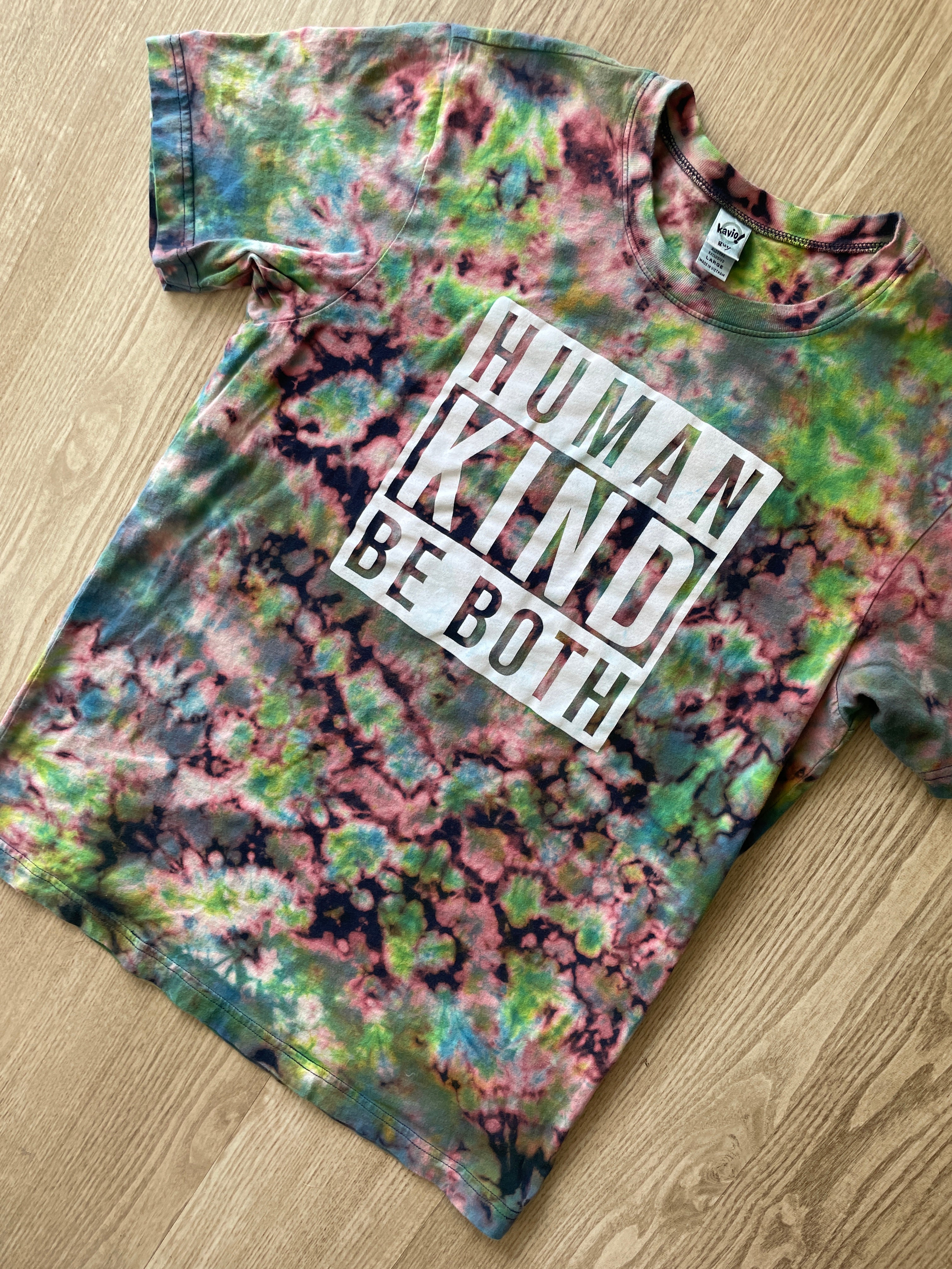 LARGE Men’s Human/Kind "Be Both" Handmade Reverse Tie Dye T-Shirt | One-Of-a-Kind Black, Blue, and Green Short Sleeve