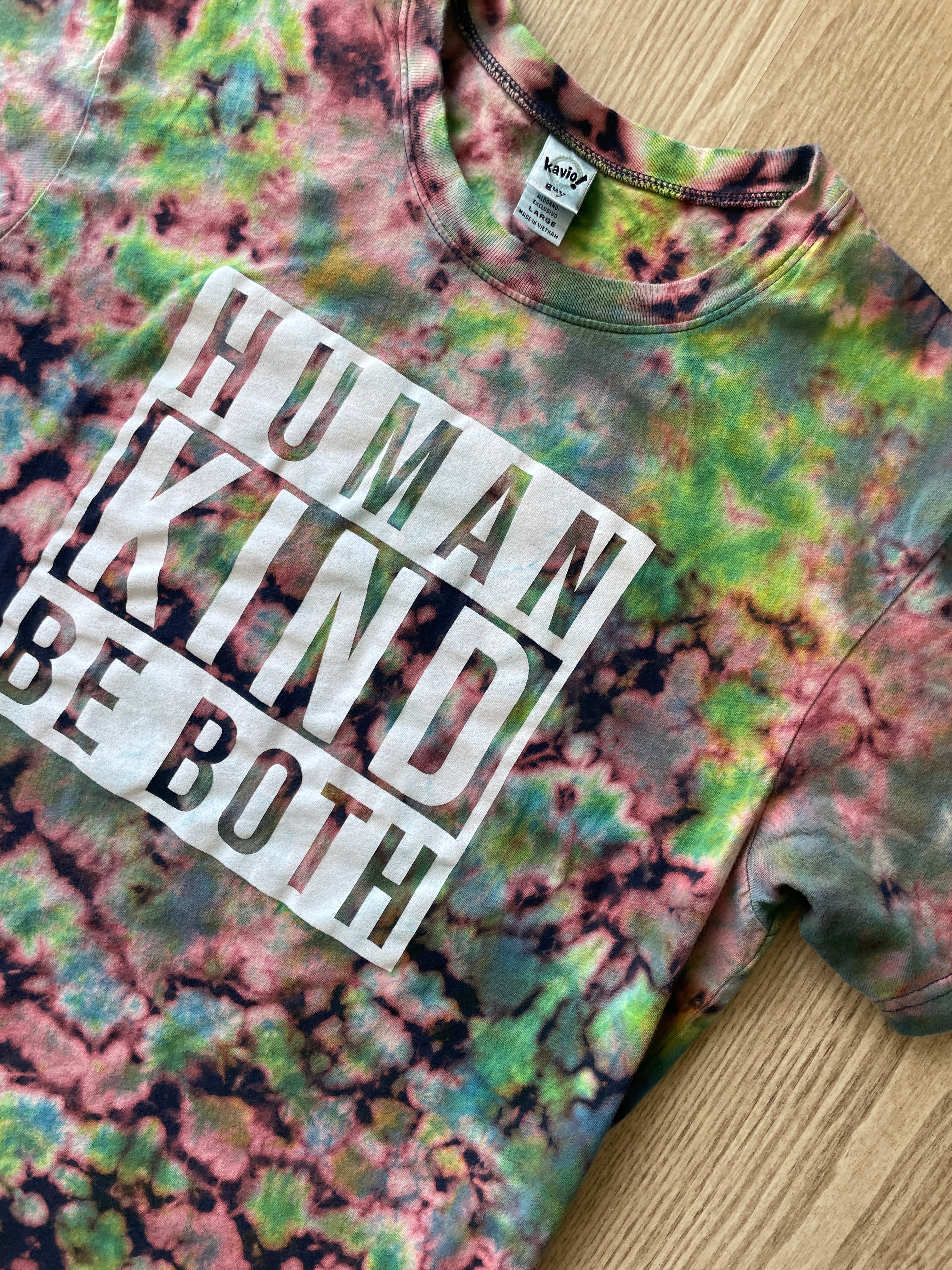 LARGE Men’s Human/Kind "Be Both" Handmade Reverse Tie Dye T-Shirt | One-Of-a-Kind Black, Blue, and Green Short Sleeve