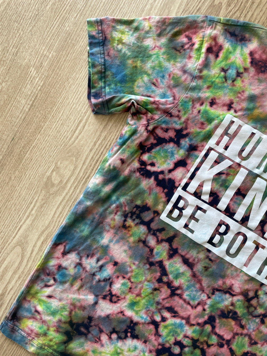 LARGE Men’s Human/Kind "Be Both" Handmade Reverse Tie Dye T-Shirt | One-Of-a-Kind Black, Blue, and Green Short Sleeve