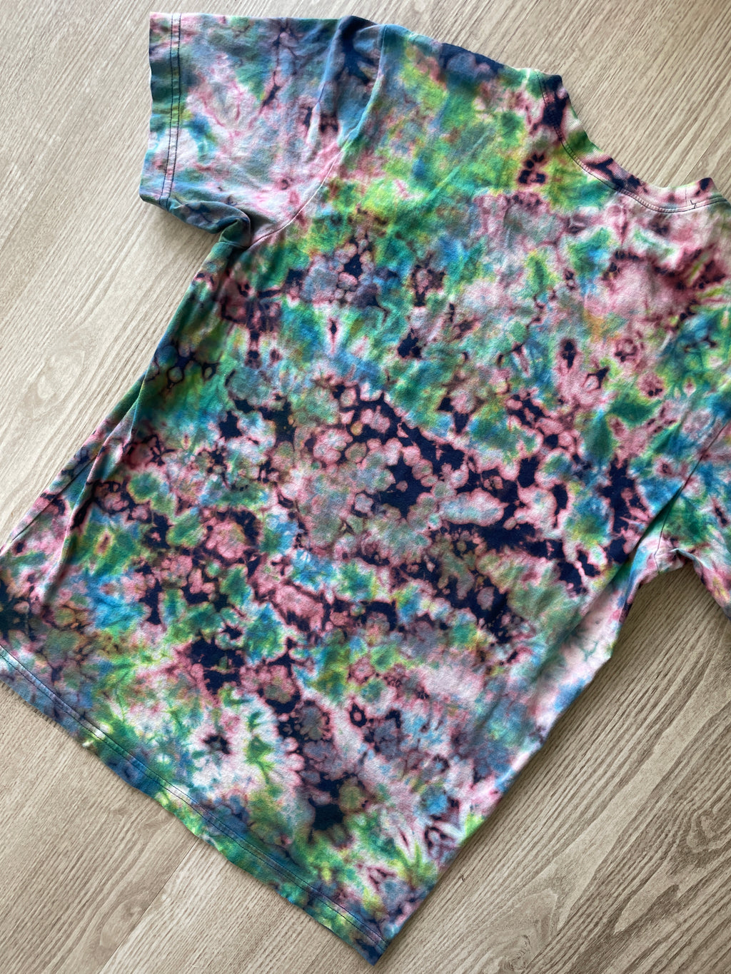 LARGE Men’s Human/Kind "Be Both" Handmade Reverse Tie Dye T-Shirt | One-Of-a-Kind Black, Blue, and Green Short Sleeve