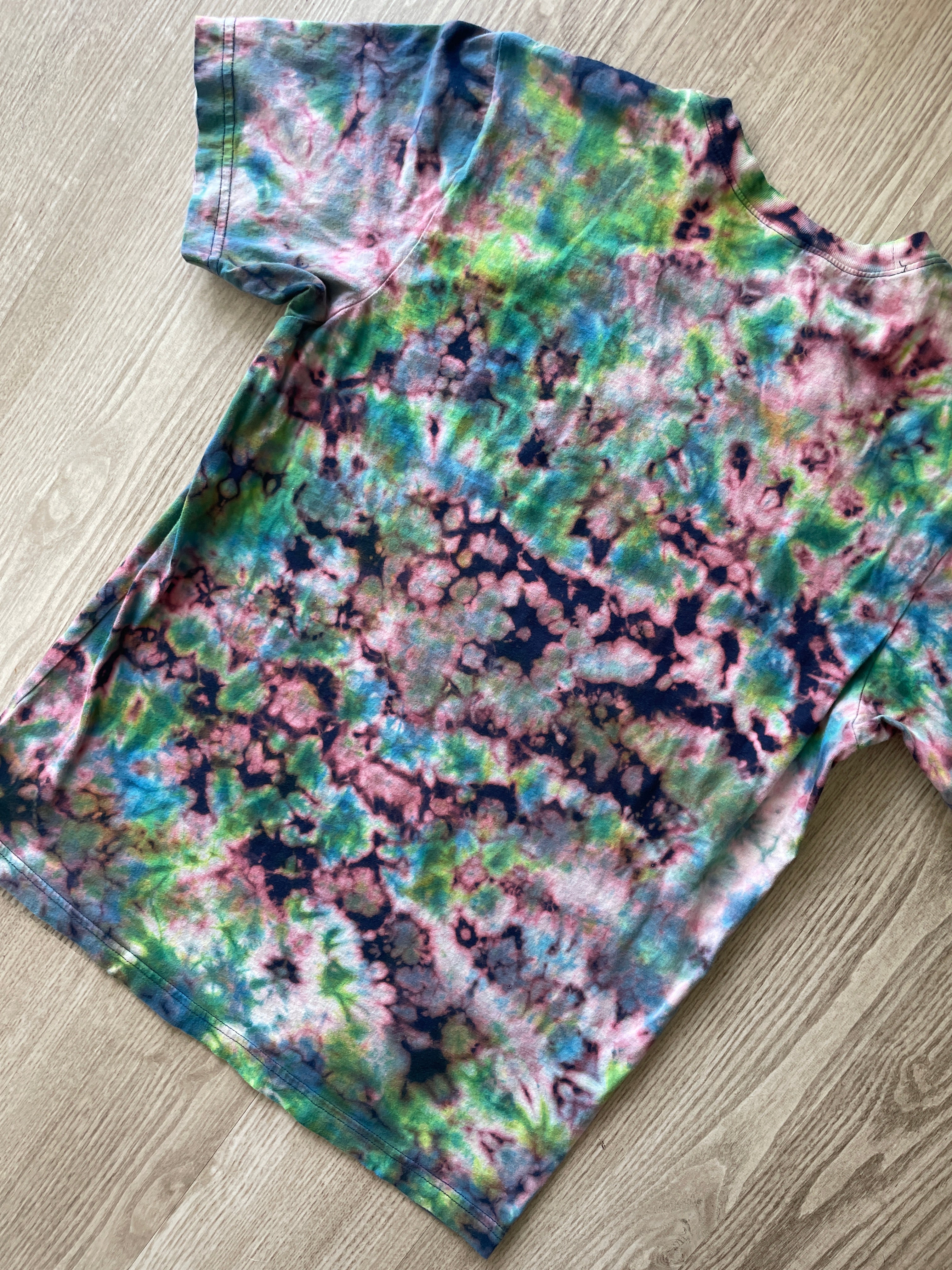 LARGE Men’s Human/Kind "Be Both" Handmade Reverse Tie Dye T-Shirt | One-Of-a-Kind Black, Blue, and Green Short Sleeve