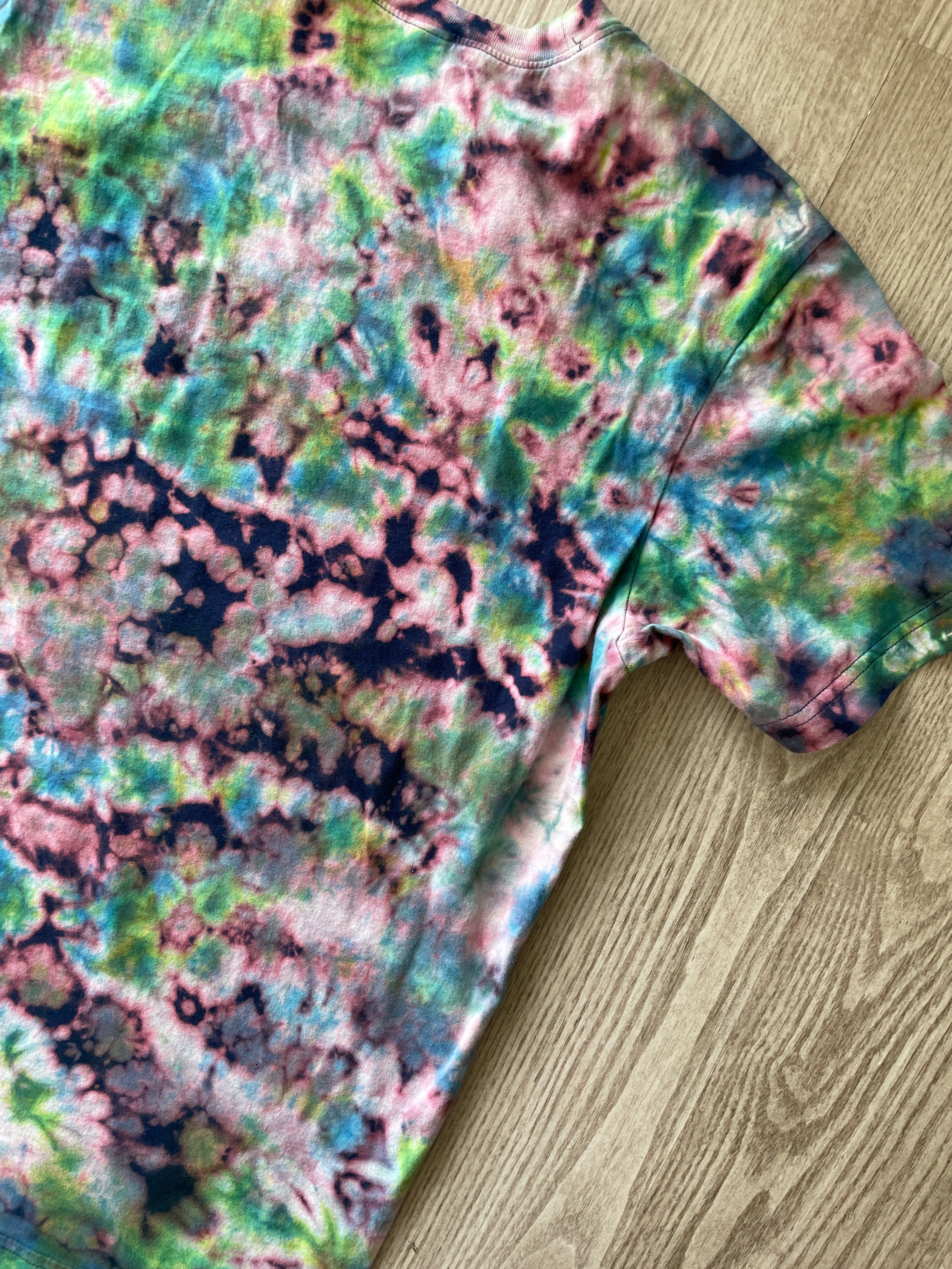 LARGE Men’s Human/Kind "Be Both" Handmade Reverse Tie Dye T-Shirt | One-Of-a-Kind Black, Blue, and Green Short Sleeve