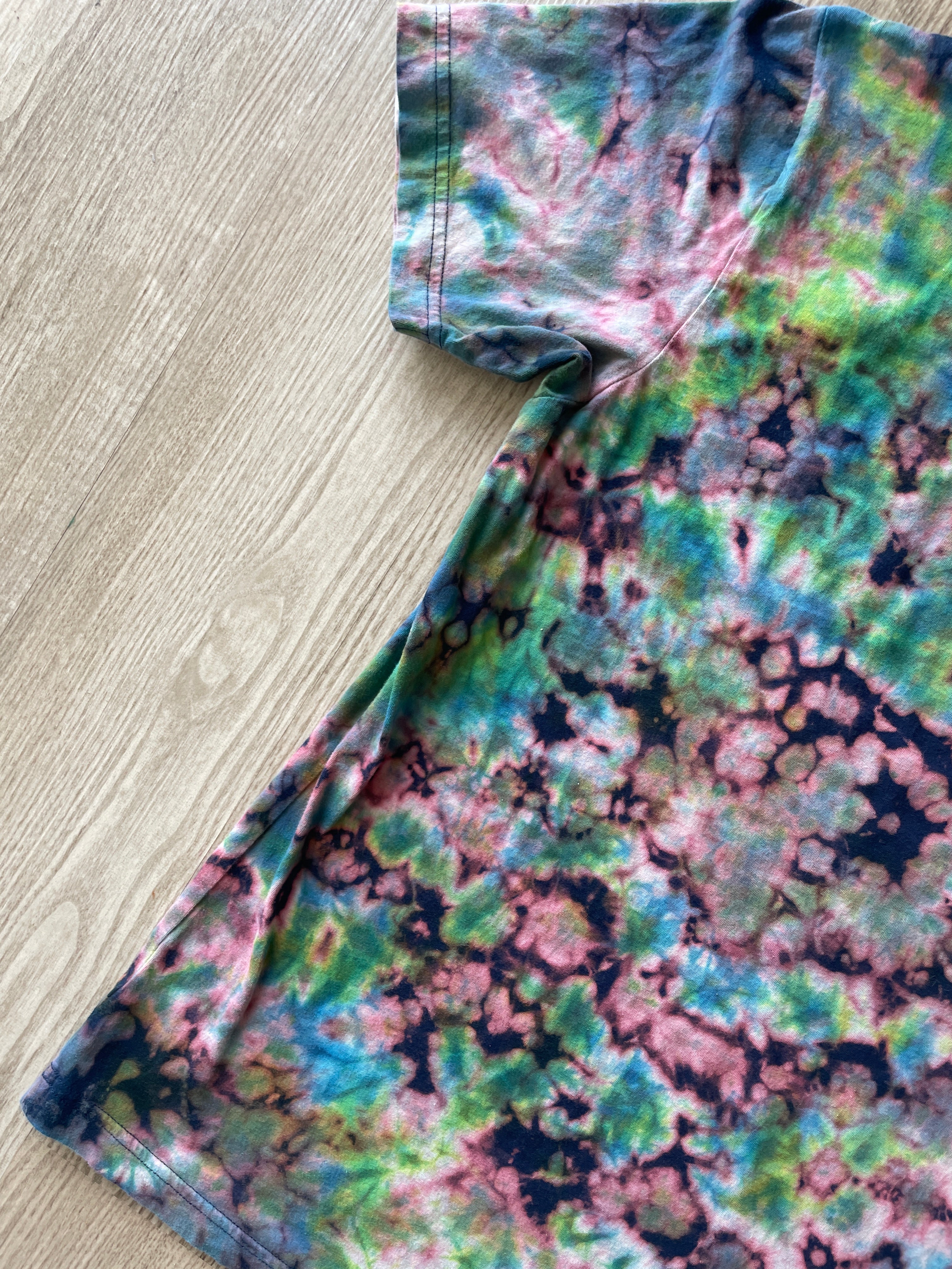 LARGE Men’s Human/Kind "Be Both" Handmade Reverse Tie Dye T-Shirt | One-Of-a-Kind Black, Blue, and Green Short Sleeve