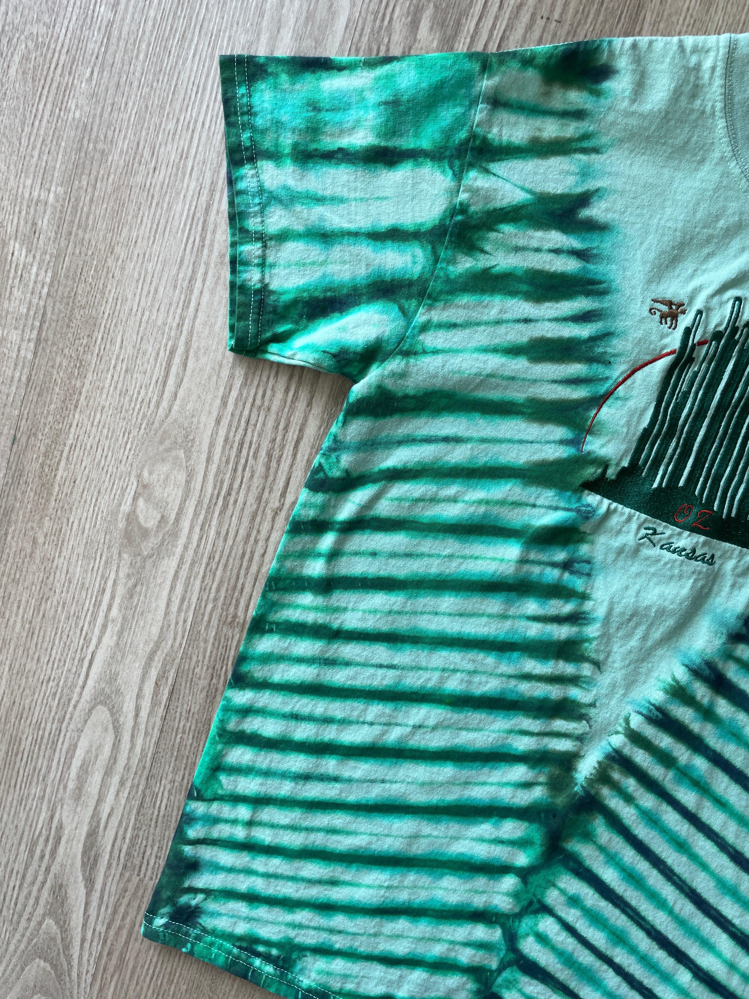 MEDIUM Men’s Wizard of Oz "Kansas" Flying Monkeys Embroidered Handmade Tie Dye T-Shirt | One-Of-a-Kind Emerald Green Short Sleeve