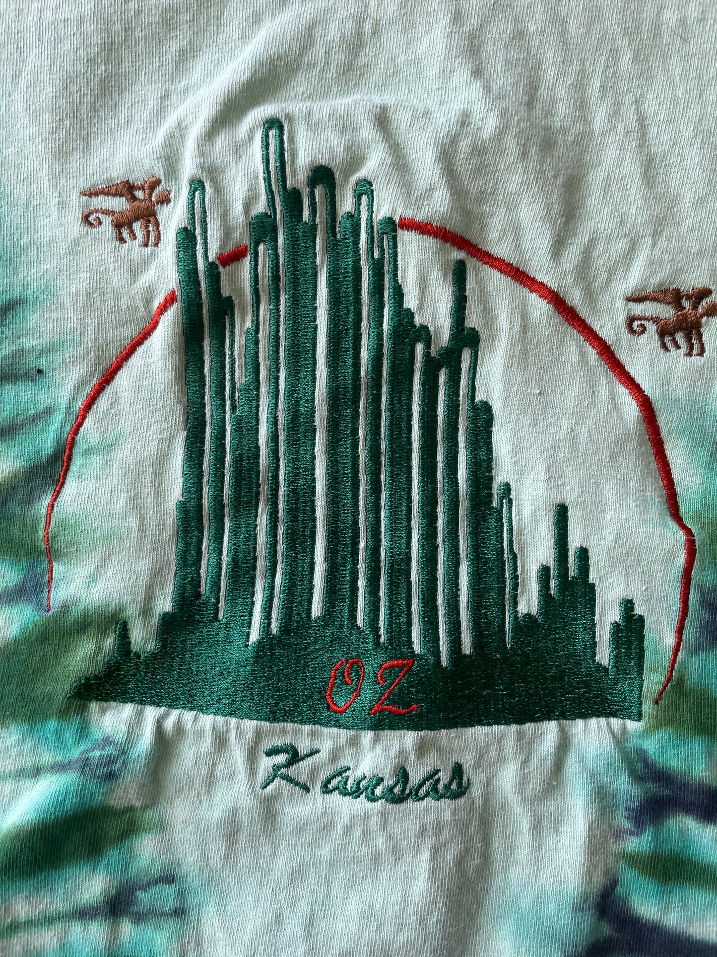 MEDIUM Men’s Wizard of Oz "Kansas" Flying Monkeys Embroidered Handmade Tie Dye T-Shirt | One-Of-a-Kind Emerald Green Short Sleeve