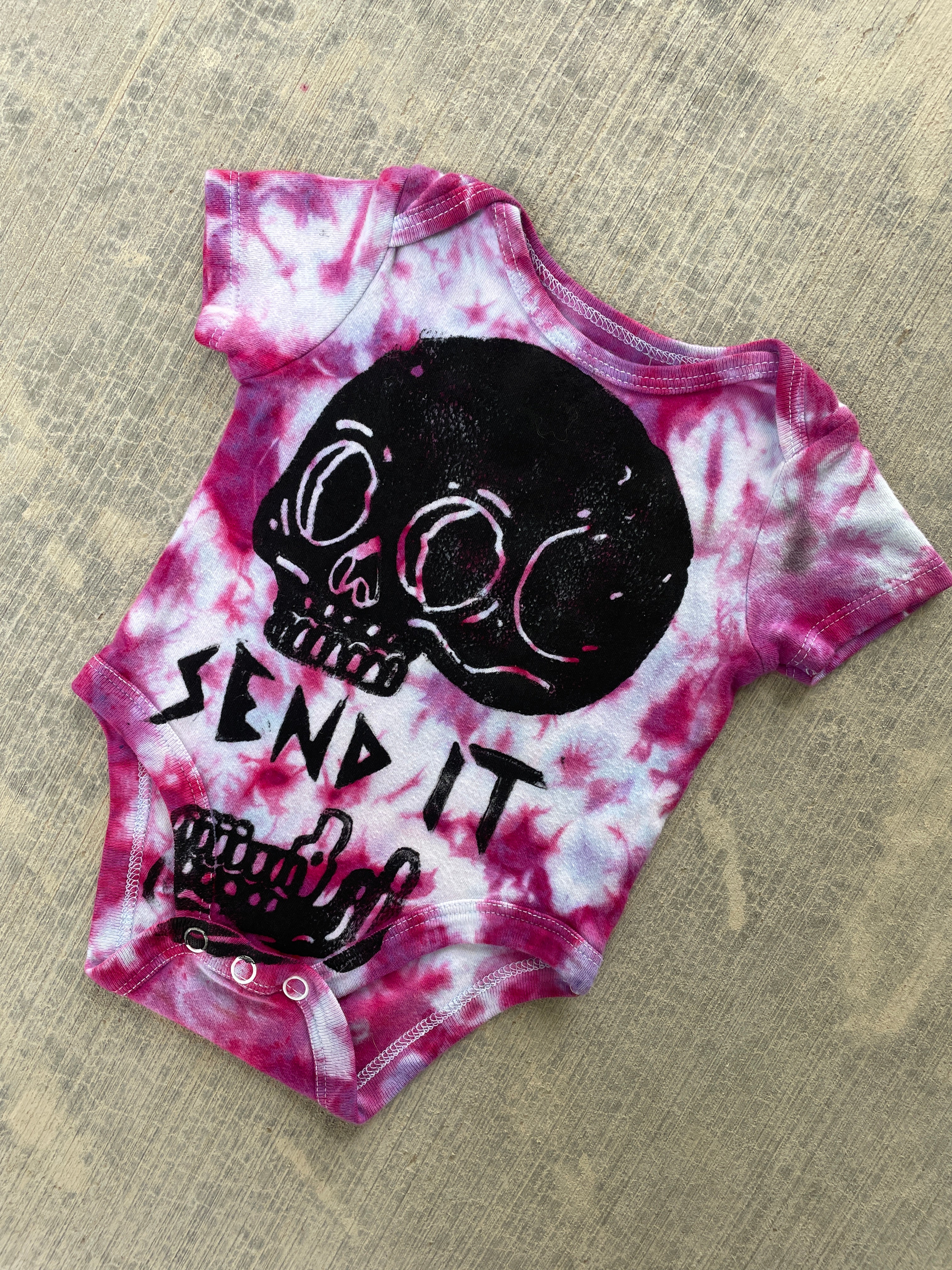 0-3 MO Send It Skull Pink and Purple Short Sleeve Tie Dye Baby Onesie