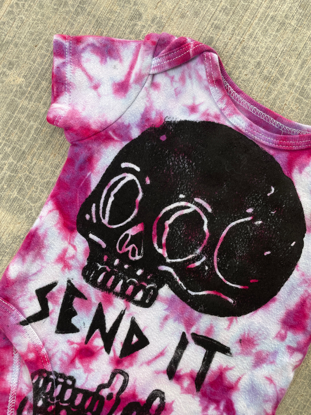 0-3 MO Send It Skull Pink and Purple Short Sleeve Tie Dye Baby Onesie