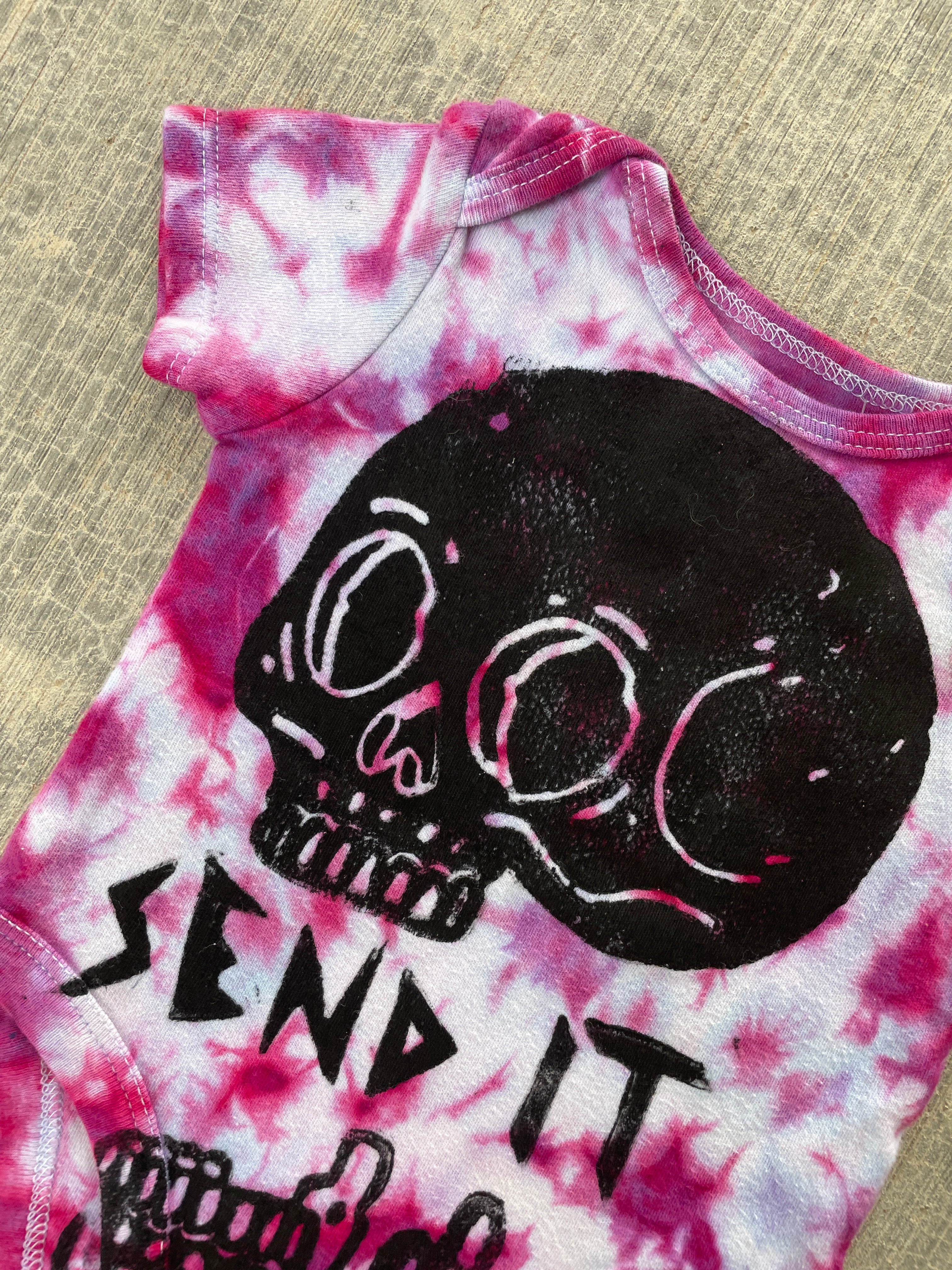 0-3 MO Send It Skull Pink and Purple Short Sleeve Tie Dye Baby Onesie