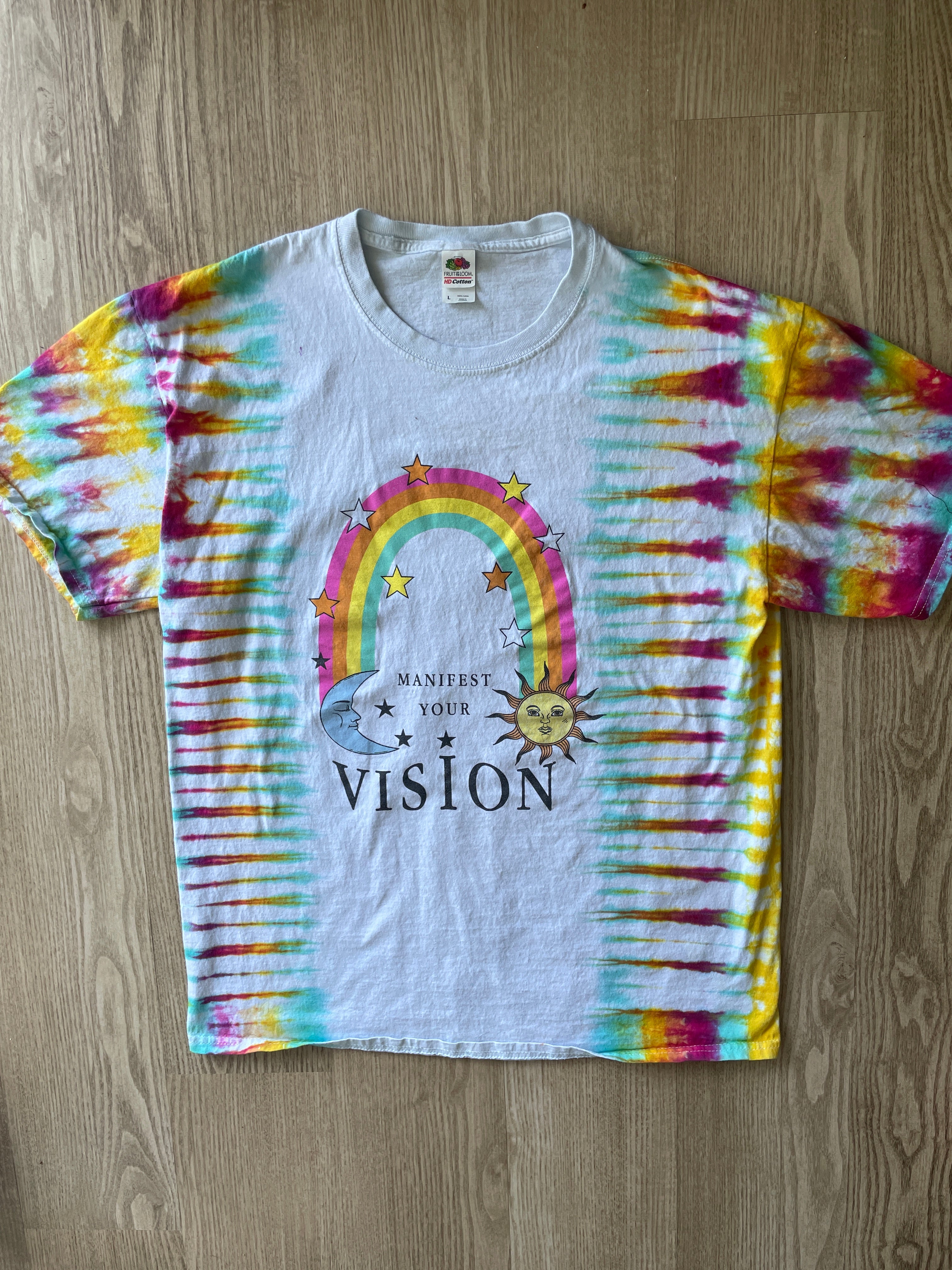 LARGE Men’s Manifest Your Vision Handmade Tie Dye T-Shirt | One-Of-a-Kind White and Pastel Multicolored Short Sleeve