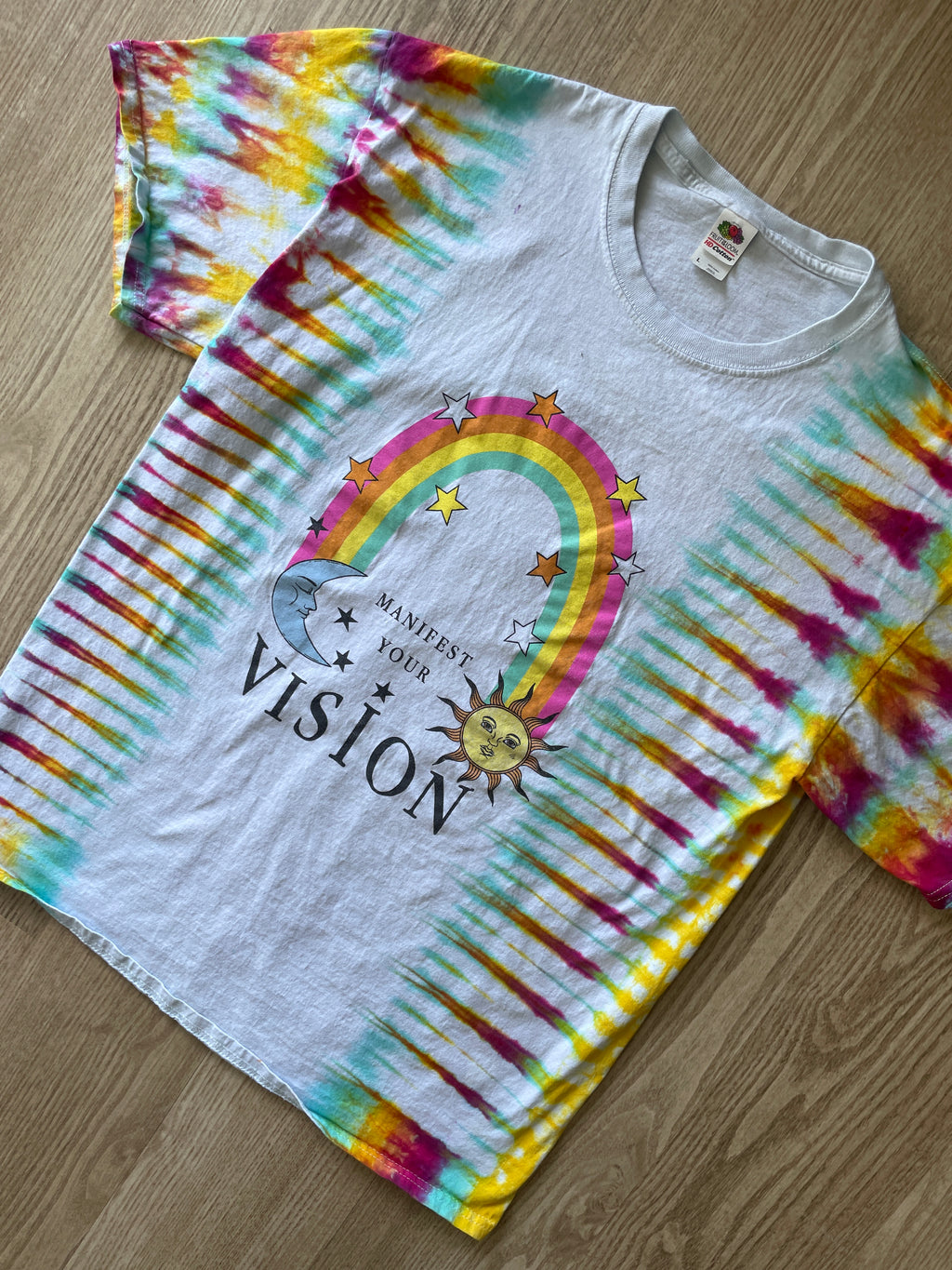 LARGE Men’s Manifest Your Vision Handmade Tie Dye T-Shirt | One-Of-a-Kind White and Pastel Multicolored Short Sleeve