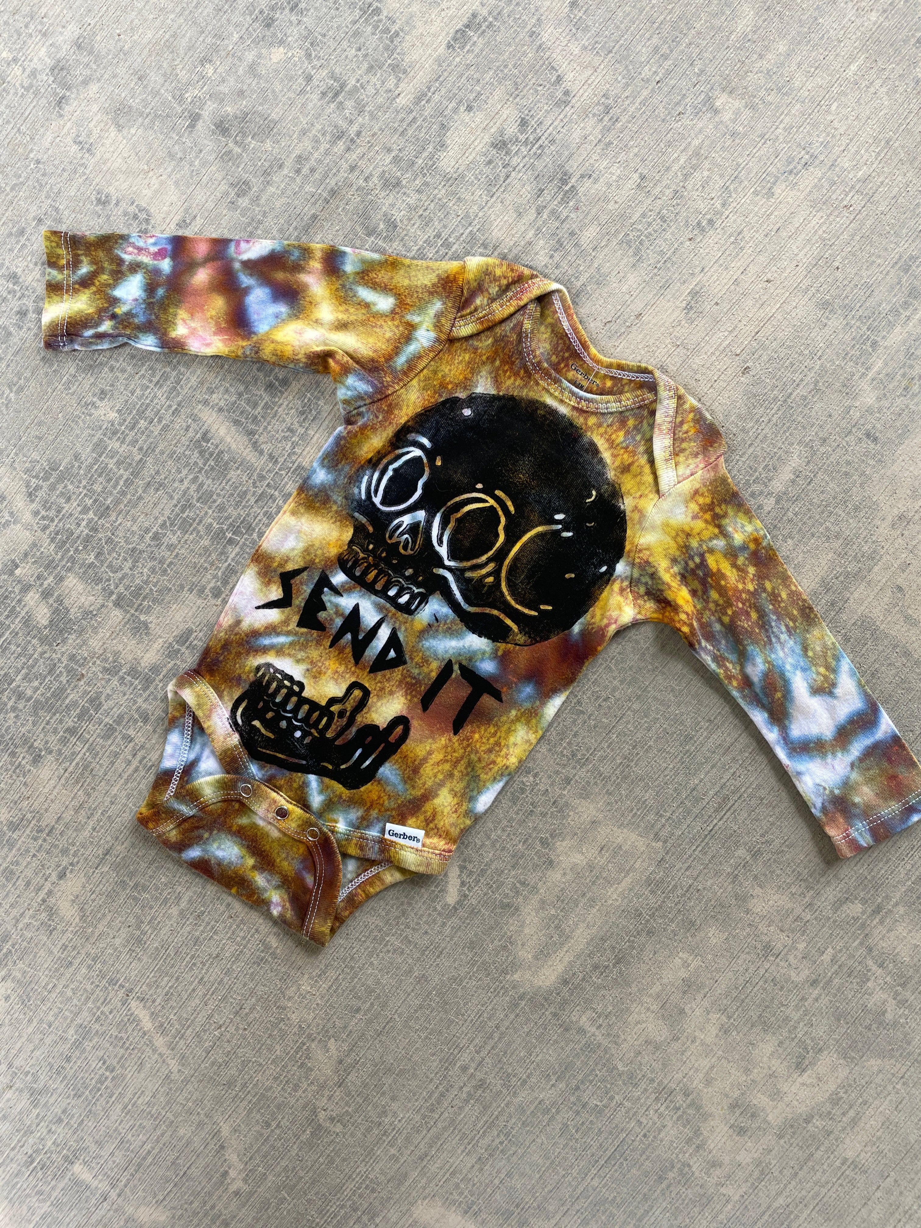 6-9 MO Send It Skull Yellow and Blue Long Sleeve Tie Dye Baby Onesie