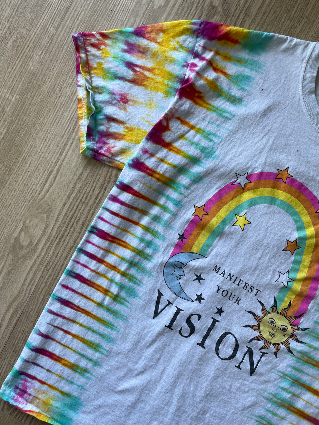 LARGE Men’s Manifest Your Vision Handmade Tie Dye T-Shirt | One-Of-a-Kind White and Pastel Multicolored Short Sleeve