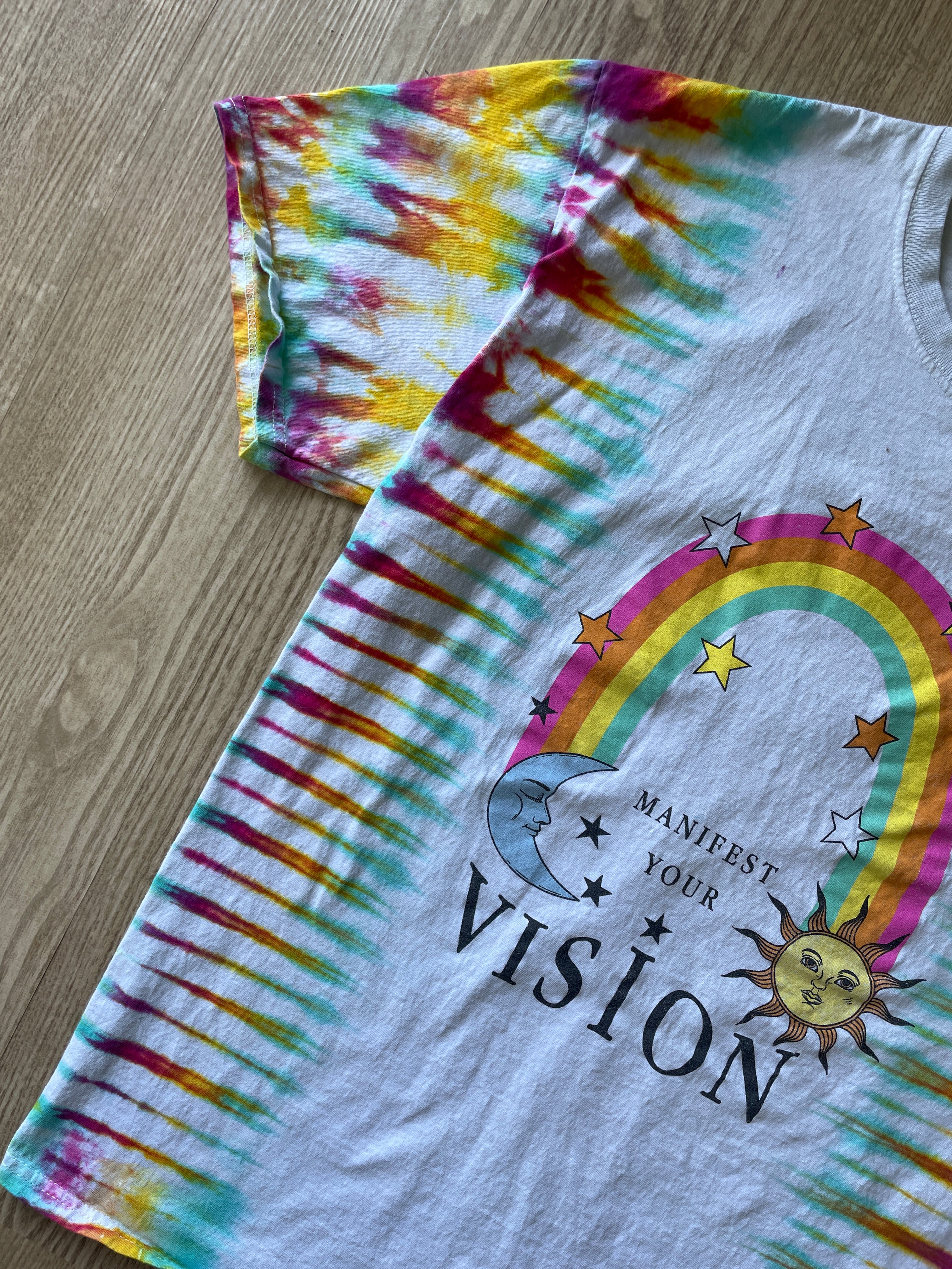 LARGE Men’s Manifest Your Vision Handmade Tie Dye T-Shirt | One-Of-a-Kind White and Pastel Multicolored Short Sleeve