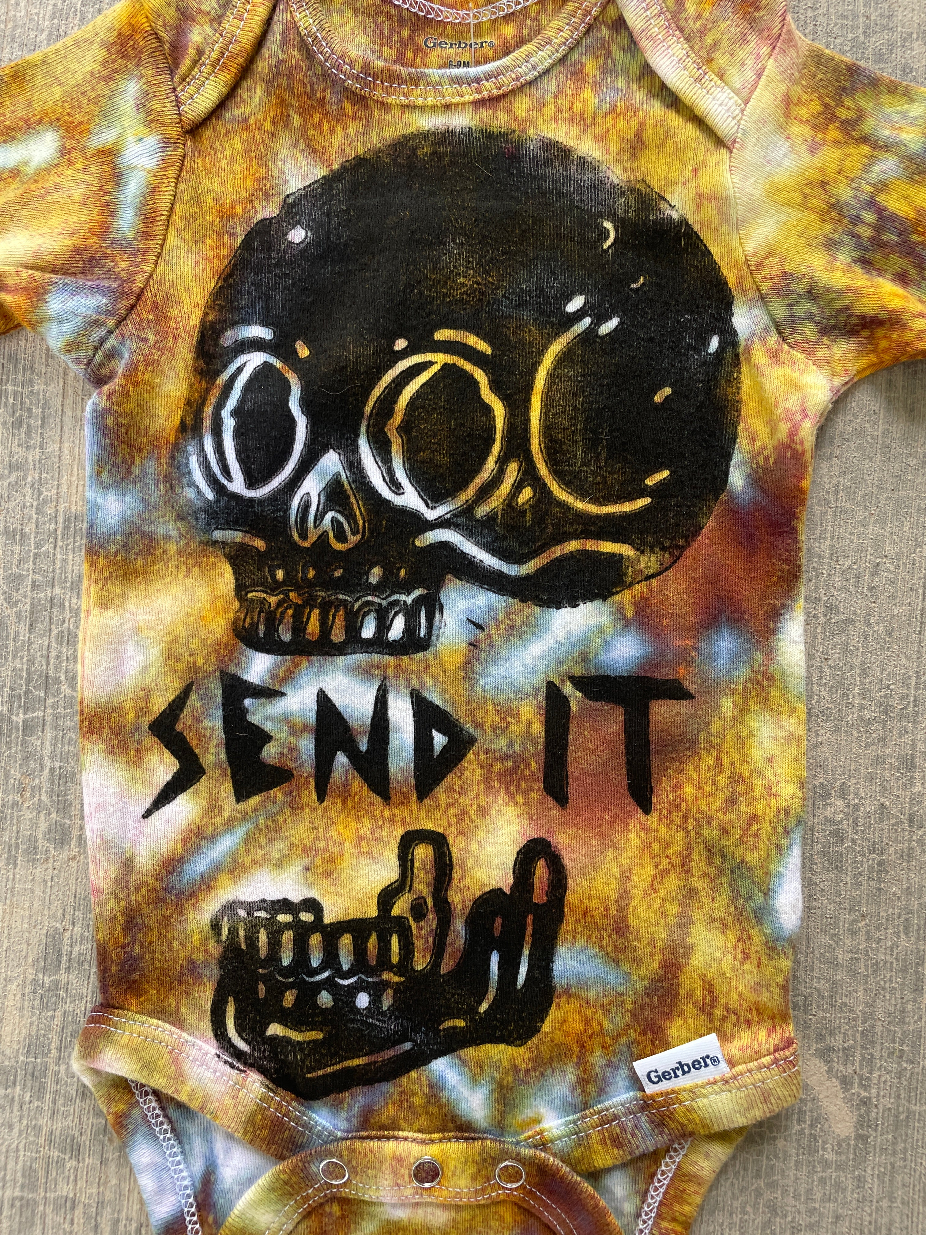 6-9 MO Send It Skull Yellow and Blue Long Sleeve Tie Dye Baby Onesie