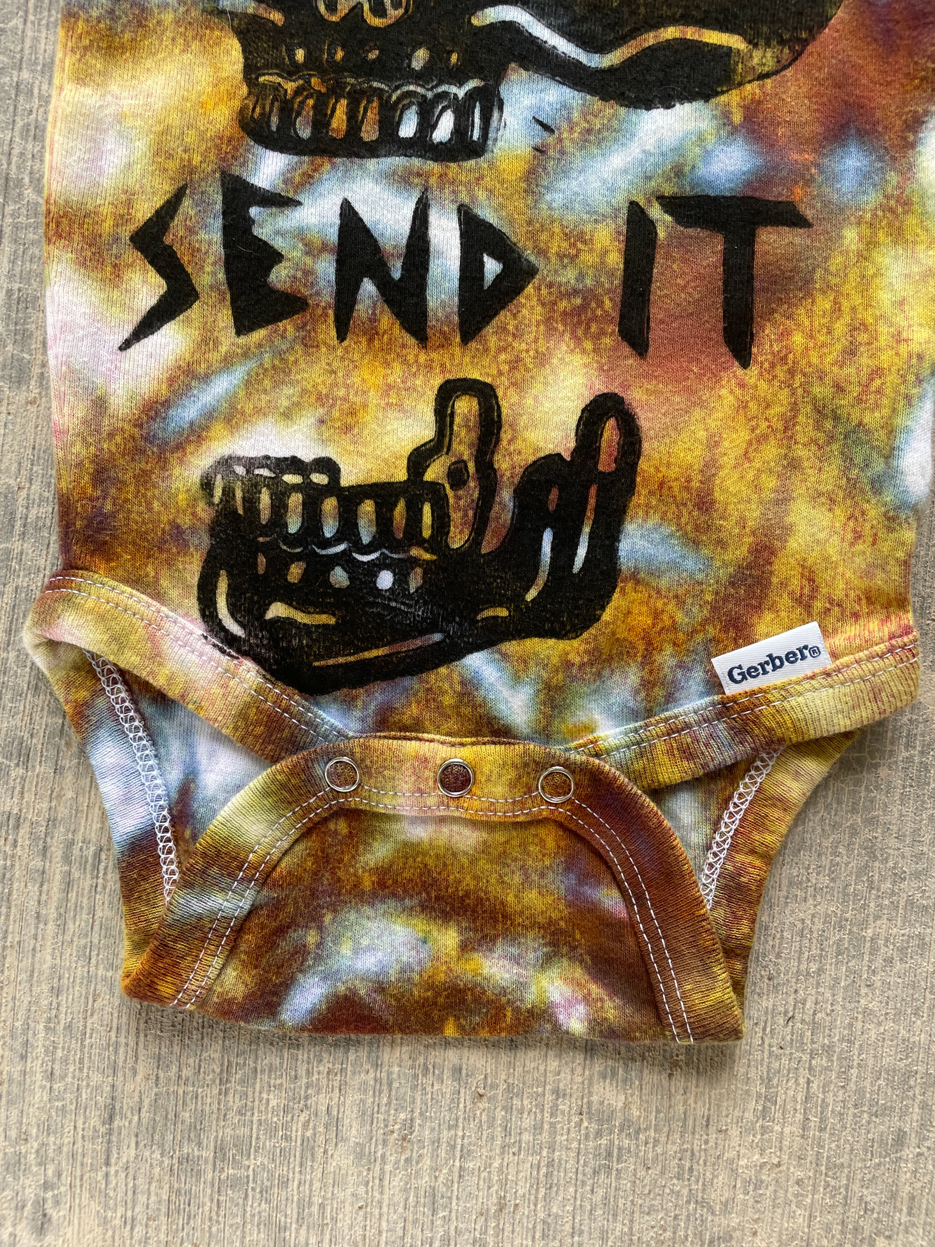 6-9 MO Send It Skull Yellow and Blue Long Sleeve Tie Dye Baby Onesie