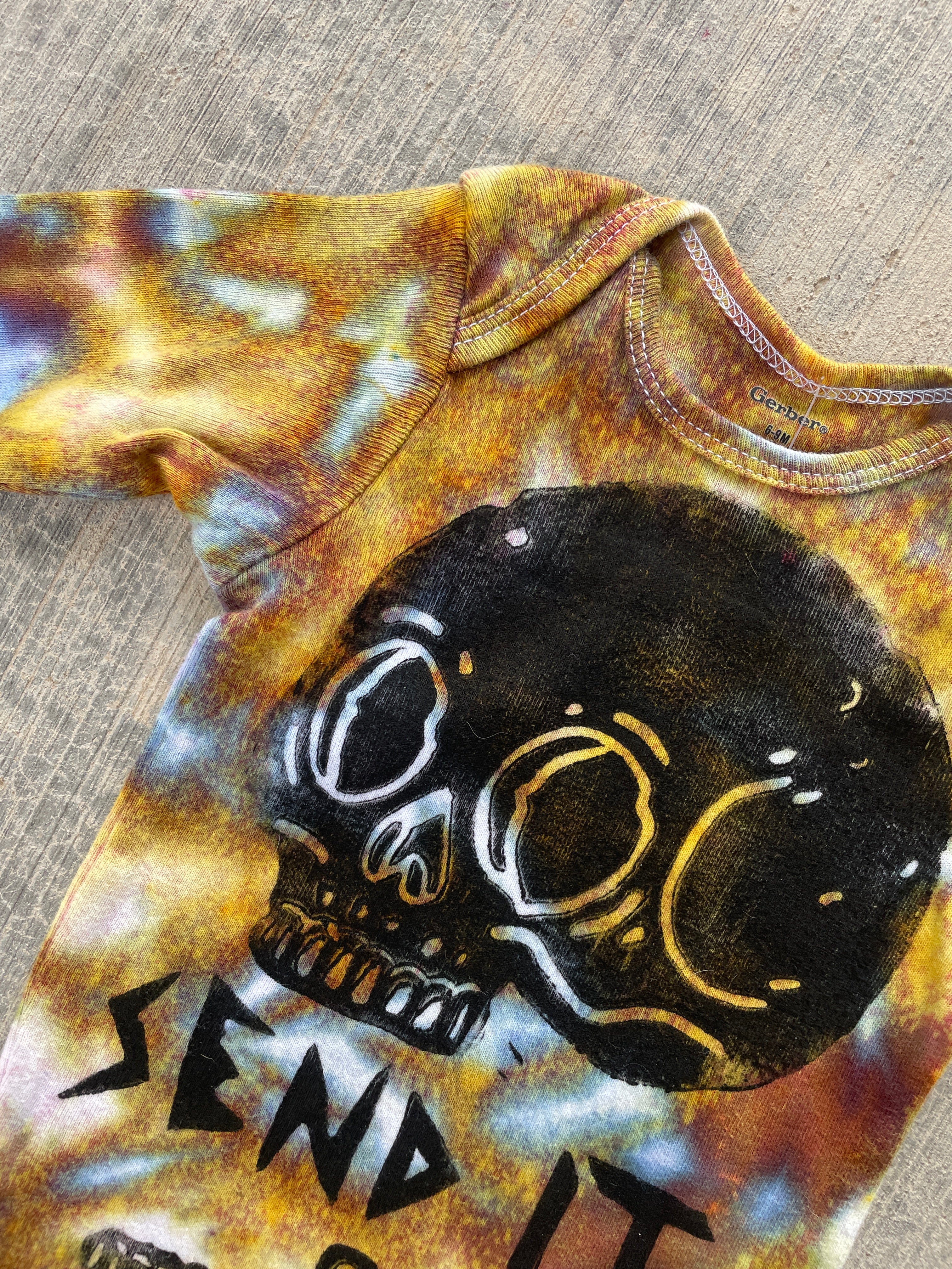 6-9 MO Send It Skull Yellow and Blue Long Sleeve Tie Dye Baby Onesie