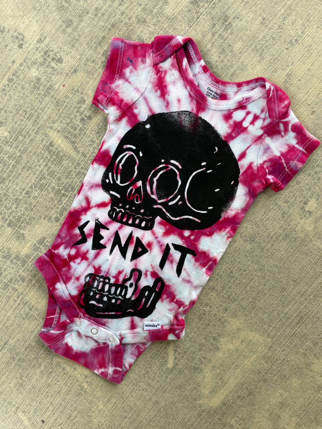 3-9 MO Send It Skull Pink and White Short Sleeve Tie Dye Baby Onesie