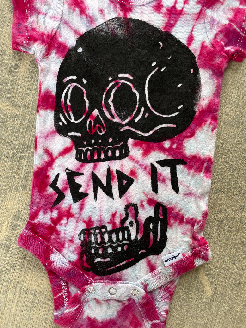 3-9 MO Send It Skull Pink and White Short Sleeve Tie Dye Baby Onesie