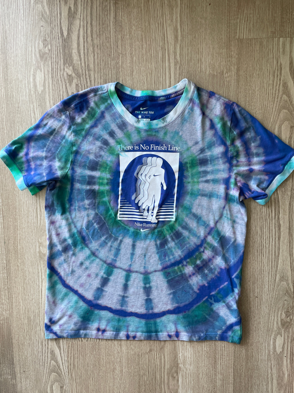 LARGE Men’s Nike Running There Is No Finish Line Handmade Tie Dye T-Shirt | One-Of-a-Kind Blue and Green Short Sleeve