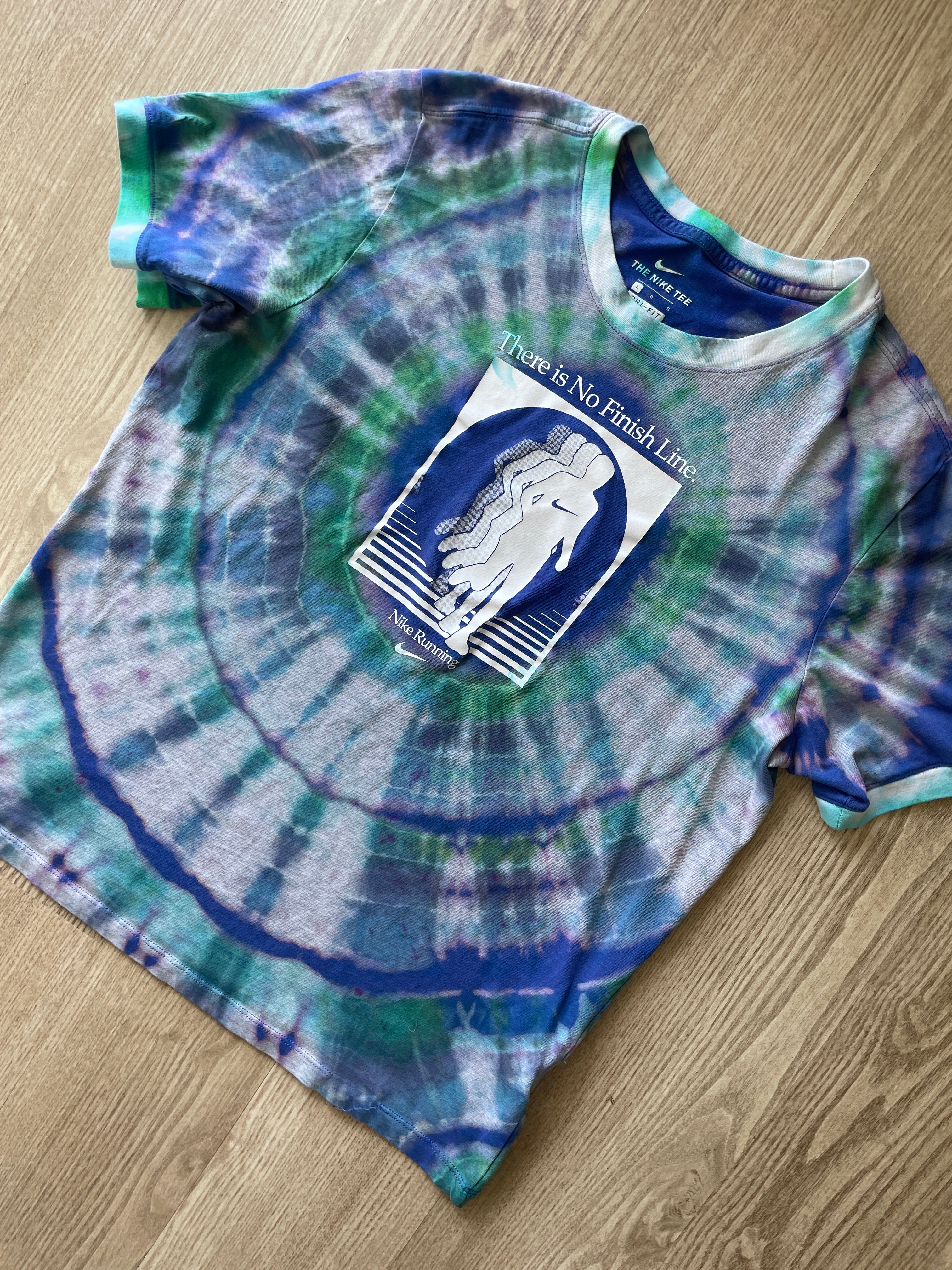LARGE Men’s Nike Running There Is No Finish Line Handmade Tie Dye T-Shirt | One-Of-a-Kind Blue and Green Short Sleeve