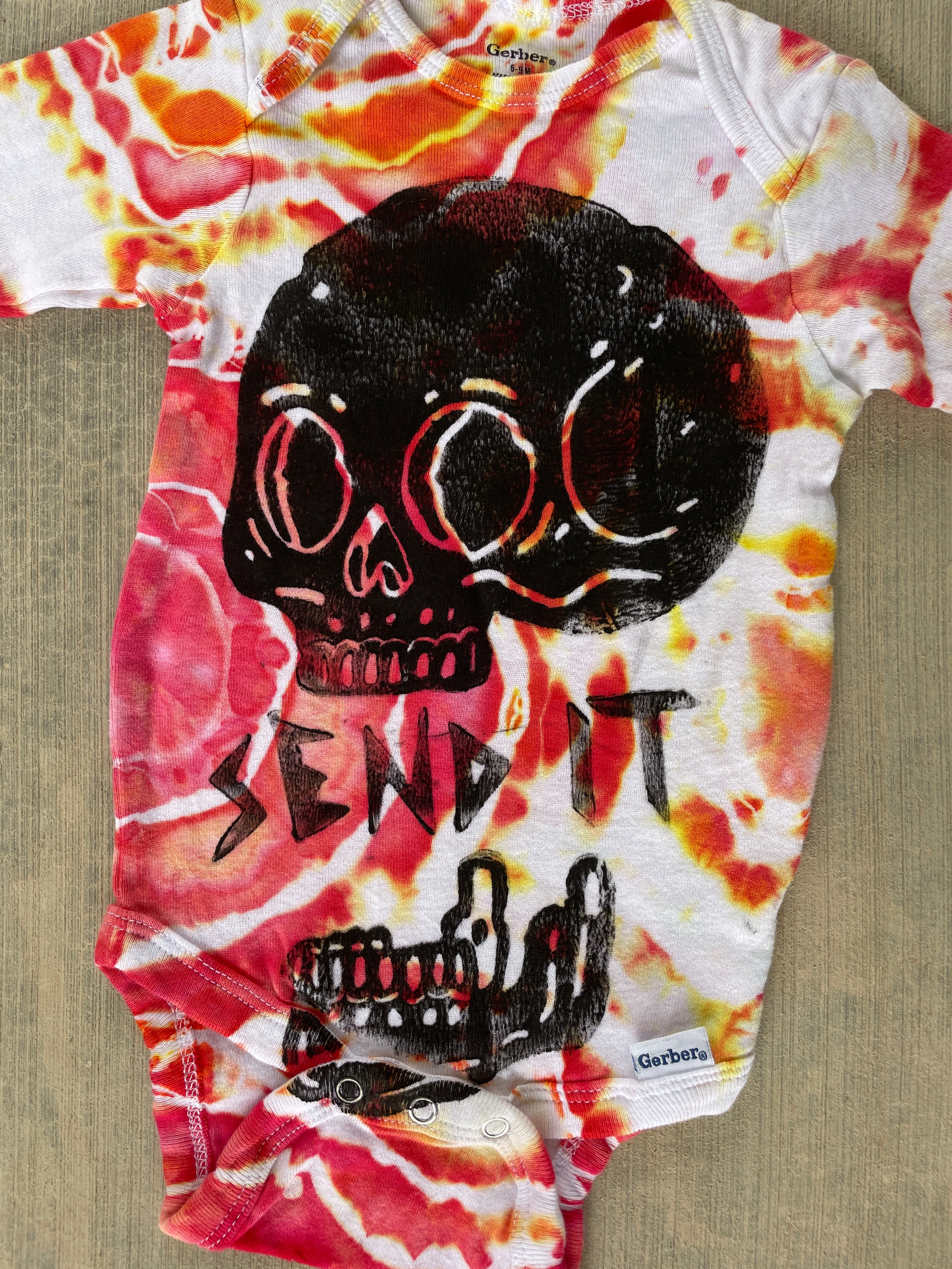 6-9 MO Send It Skull Red, Orange, and Yellow Long Sleeve Tie Dye Baby Onesie