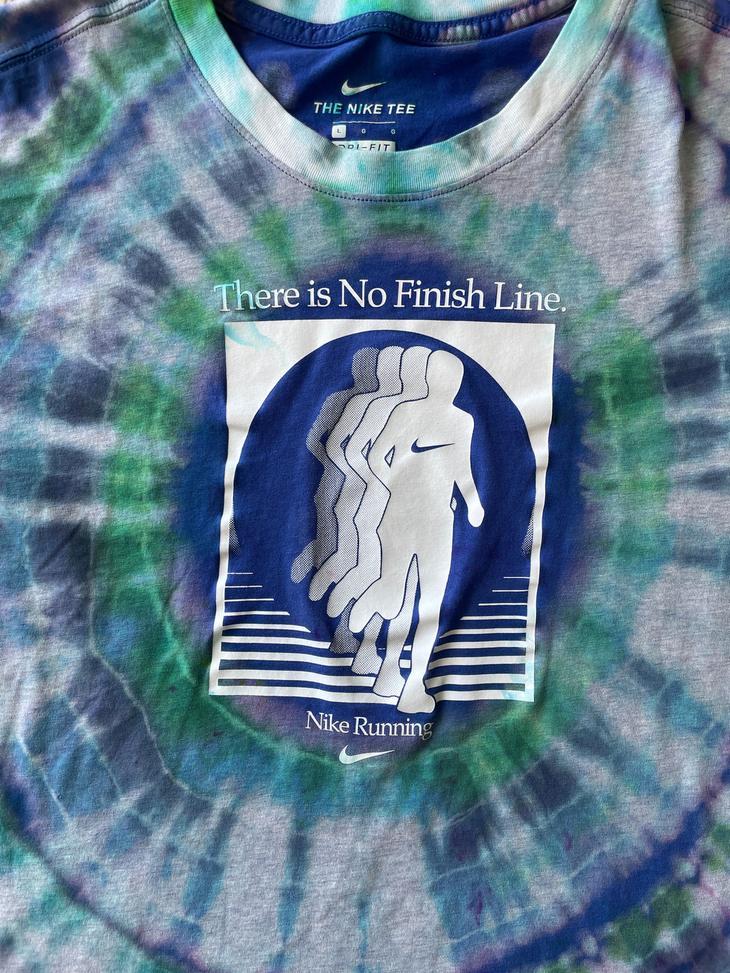 LARGE Men’s Nike Running There Is No Finish Line Handmade Tie Dye T-Shirt | One-Of-a-Kind Blue and Green Short Sleeve
