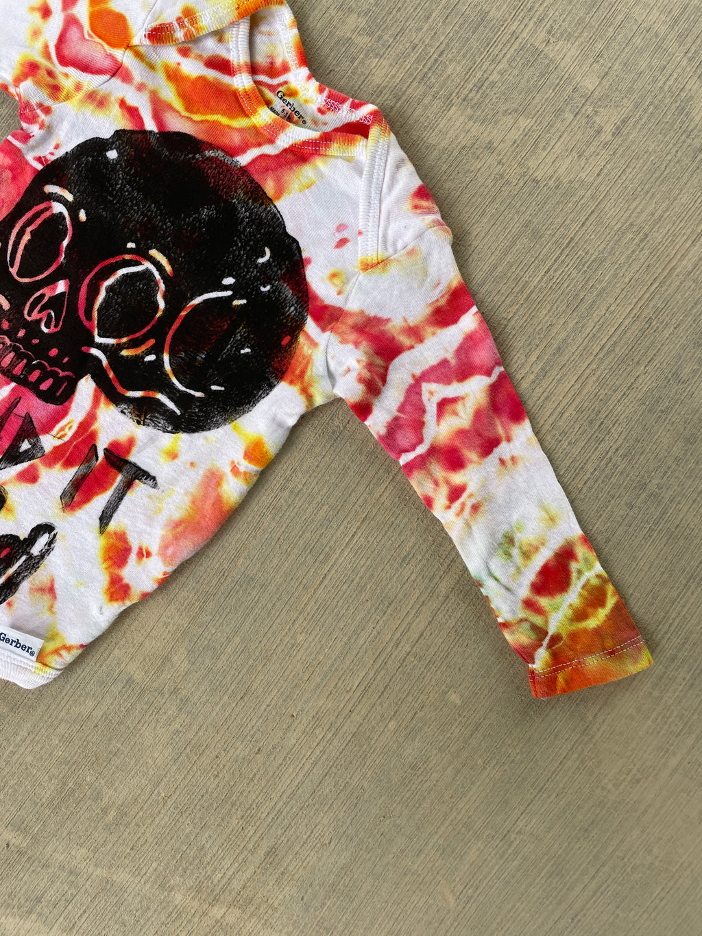 6-9 MO Send It Skull Red, Orange, and Yellow Long Sleeve Tie Dye Baby Onesie