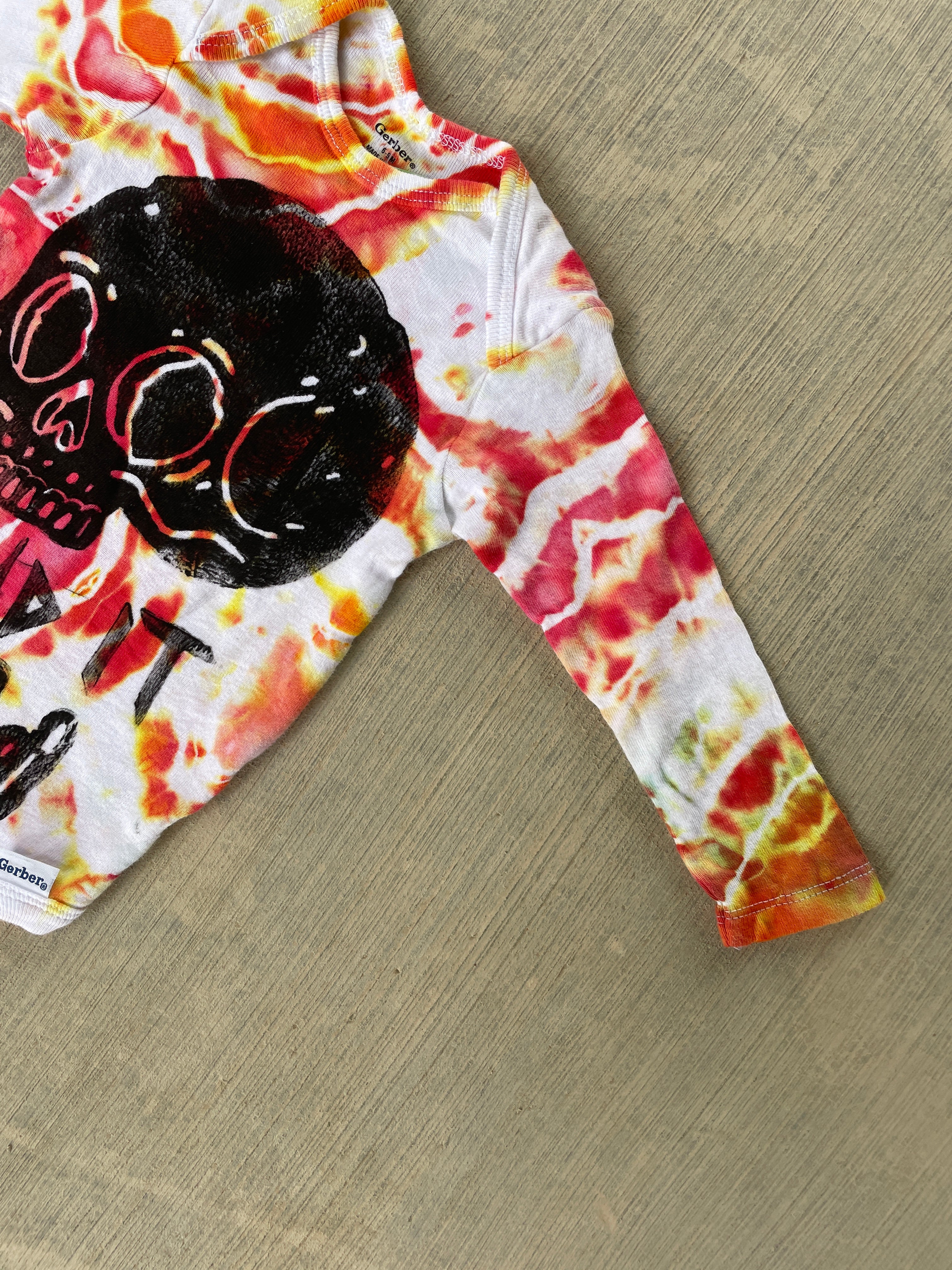 6-9 MO Send It Skull Red, Orange, and Yellow Long Sleeve Tie Dye Baby Onesie