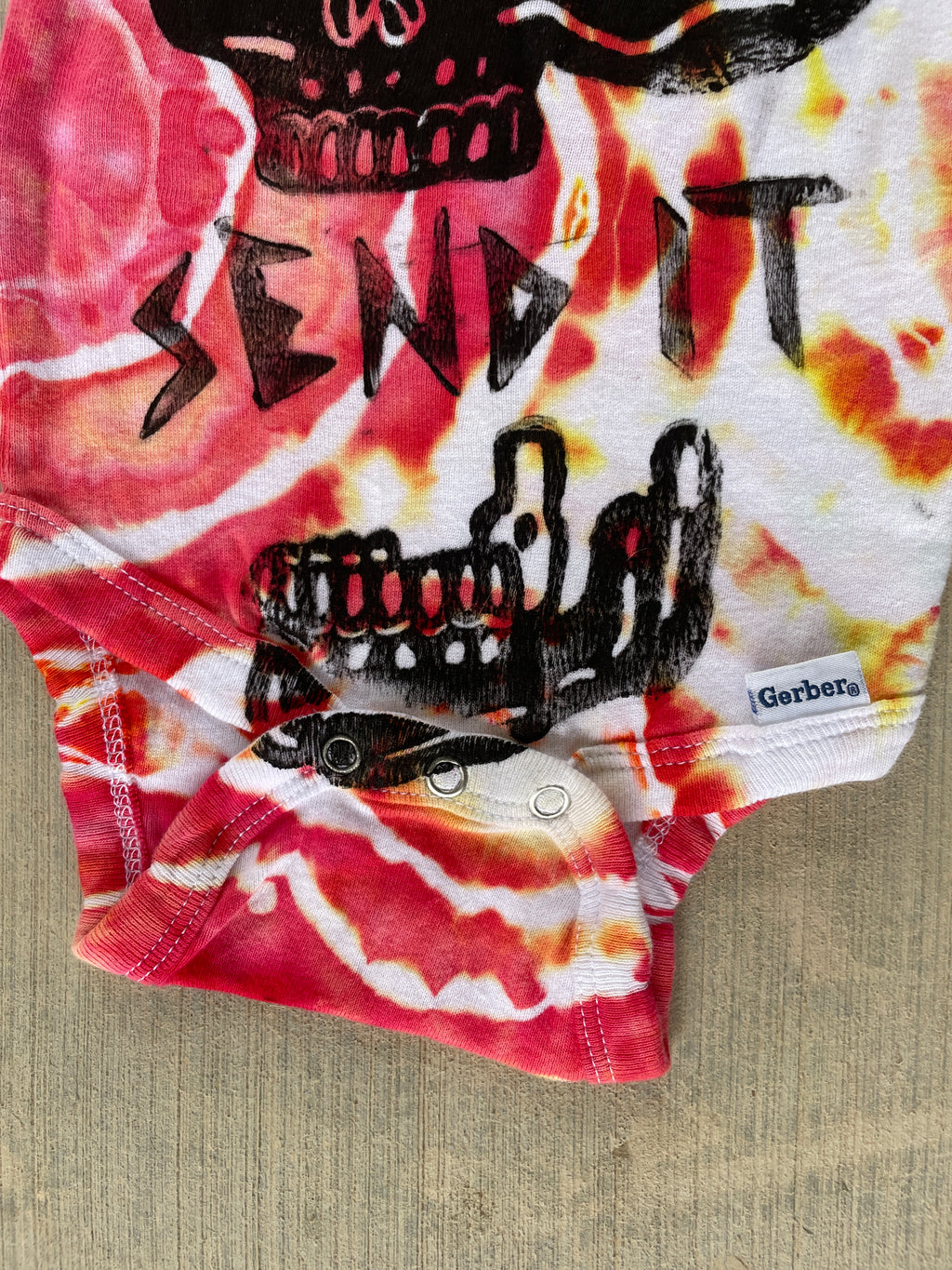 6-9 MO Send It Skull Red, Orange, and Yellow Long Sleeve Tie Dye Baby Onesie
