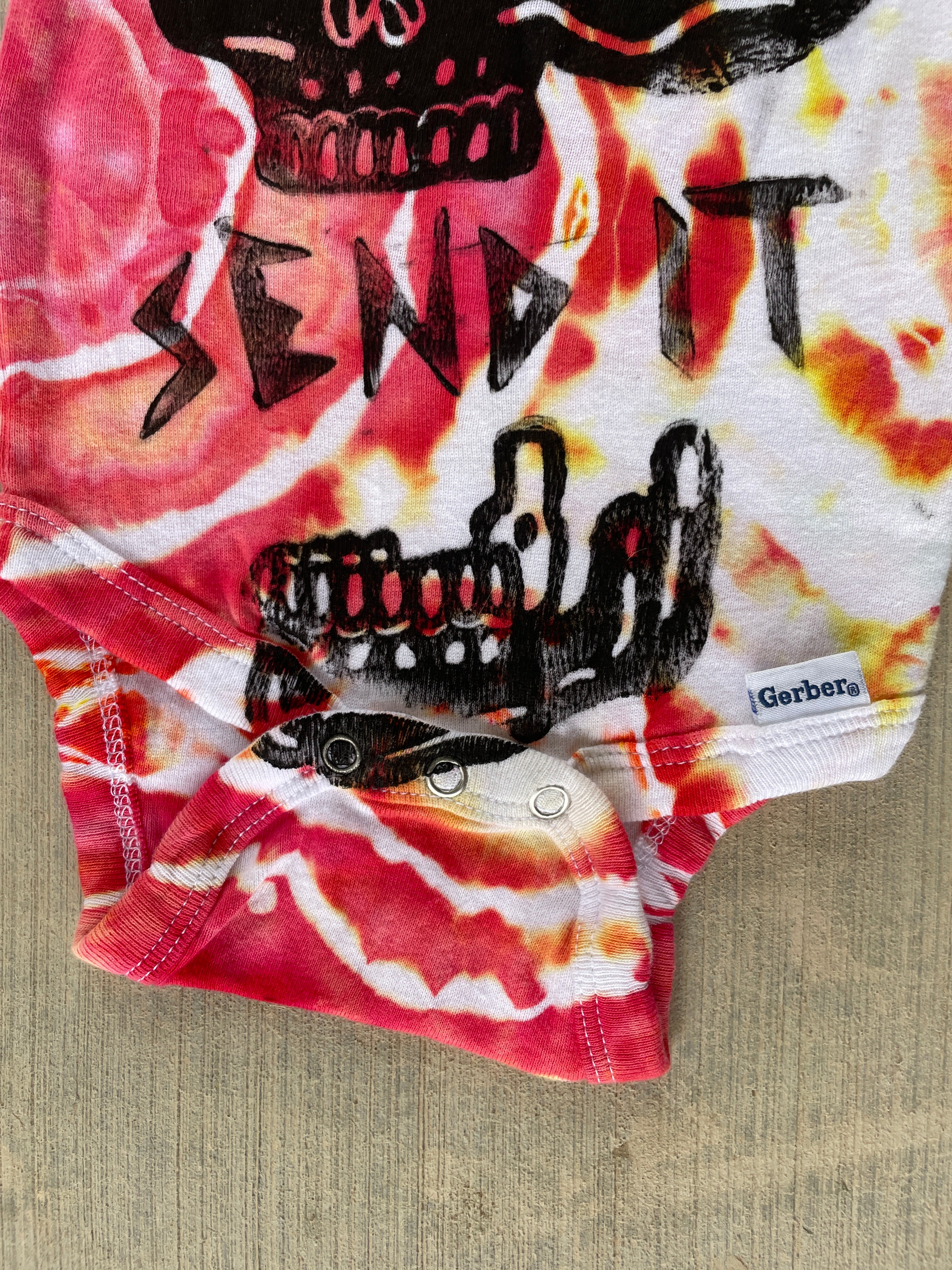 6-9 MO Send It Skull Red, Orange, and Yellow Long Sleeve Tie Dye Baby Onesie