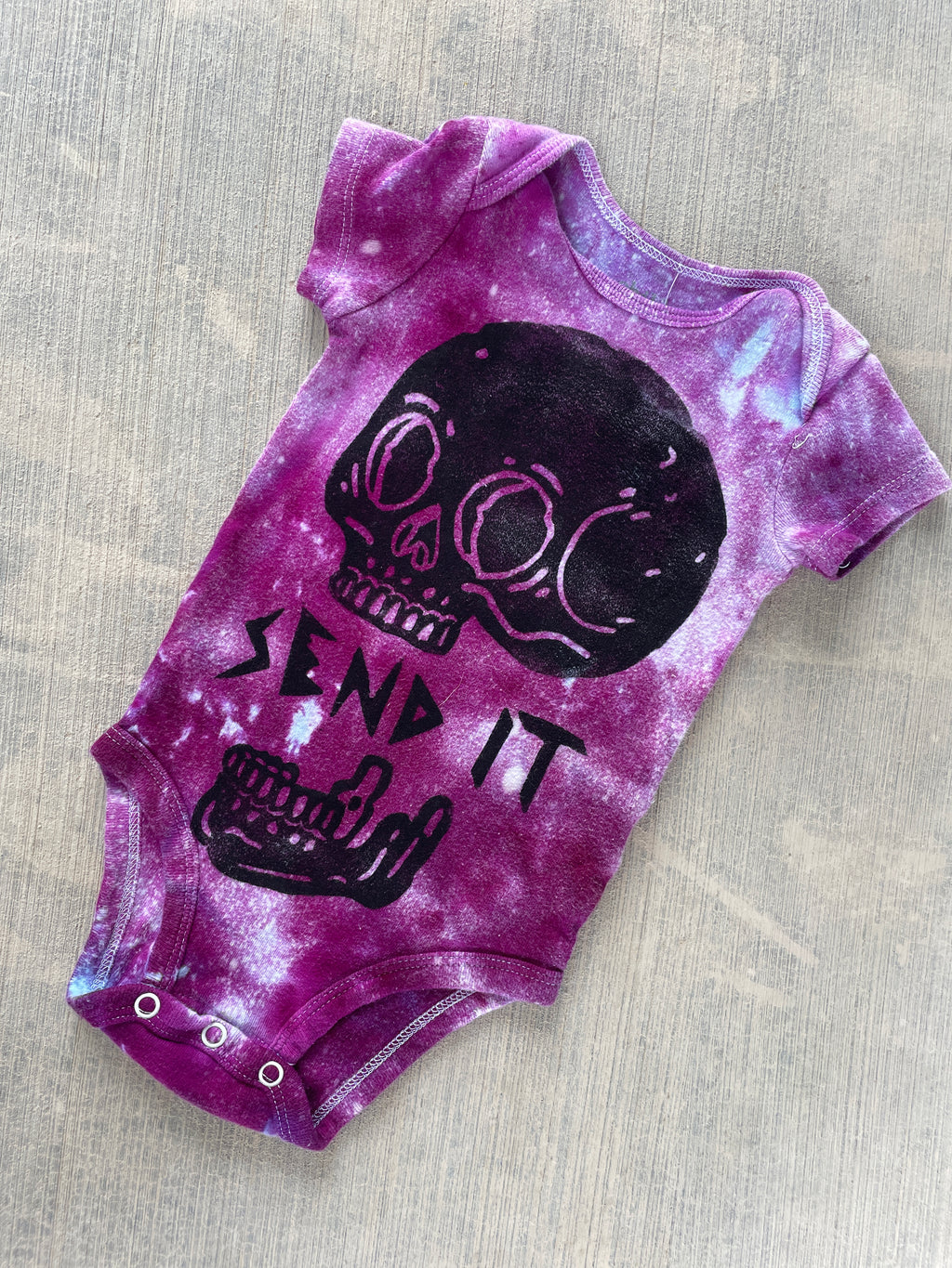 3-6 MO Send It Skull Purple and White Short Sleeve Tie Dye Baby Onesie