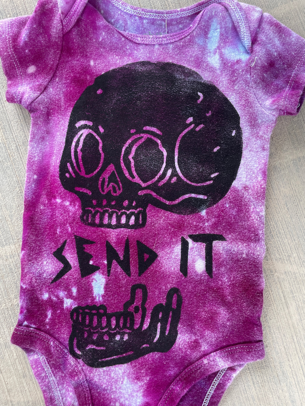 3-6 MO Send It Skull Purple and White Short Sleeve Tie Dye Baby Onesie