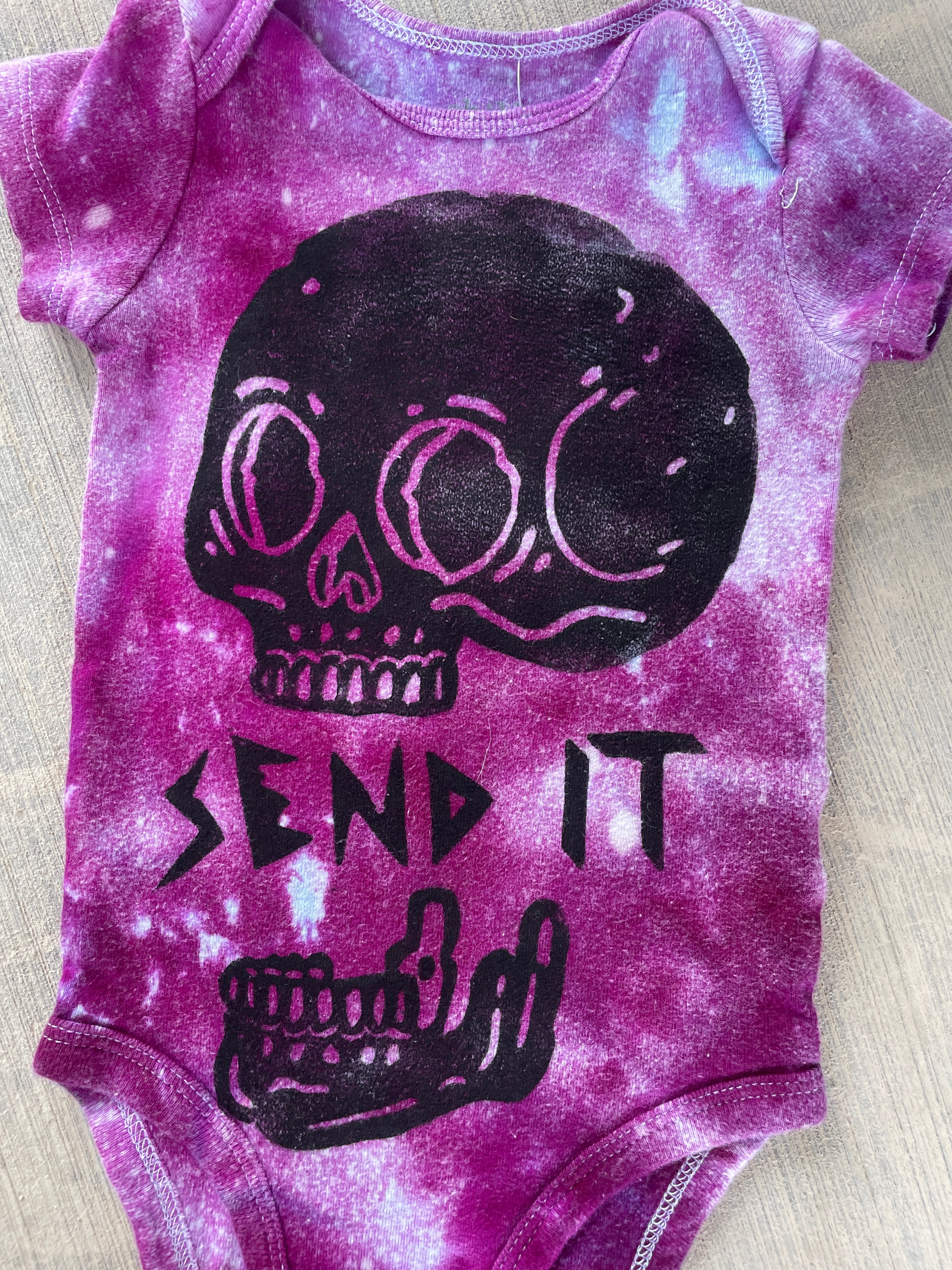 3-6 MO Send It Skull Purple and White Short Sleeve Tie Dye Baby Onesie